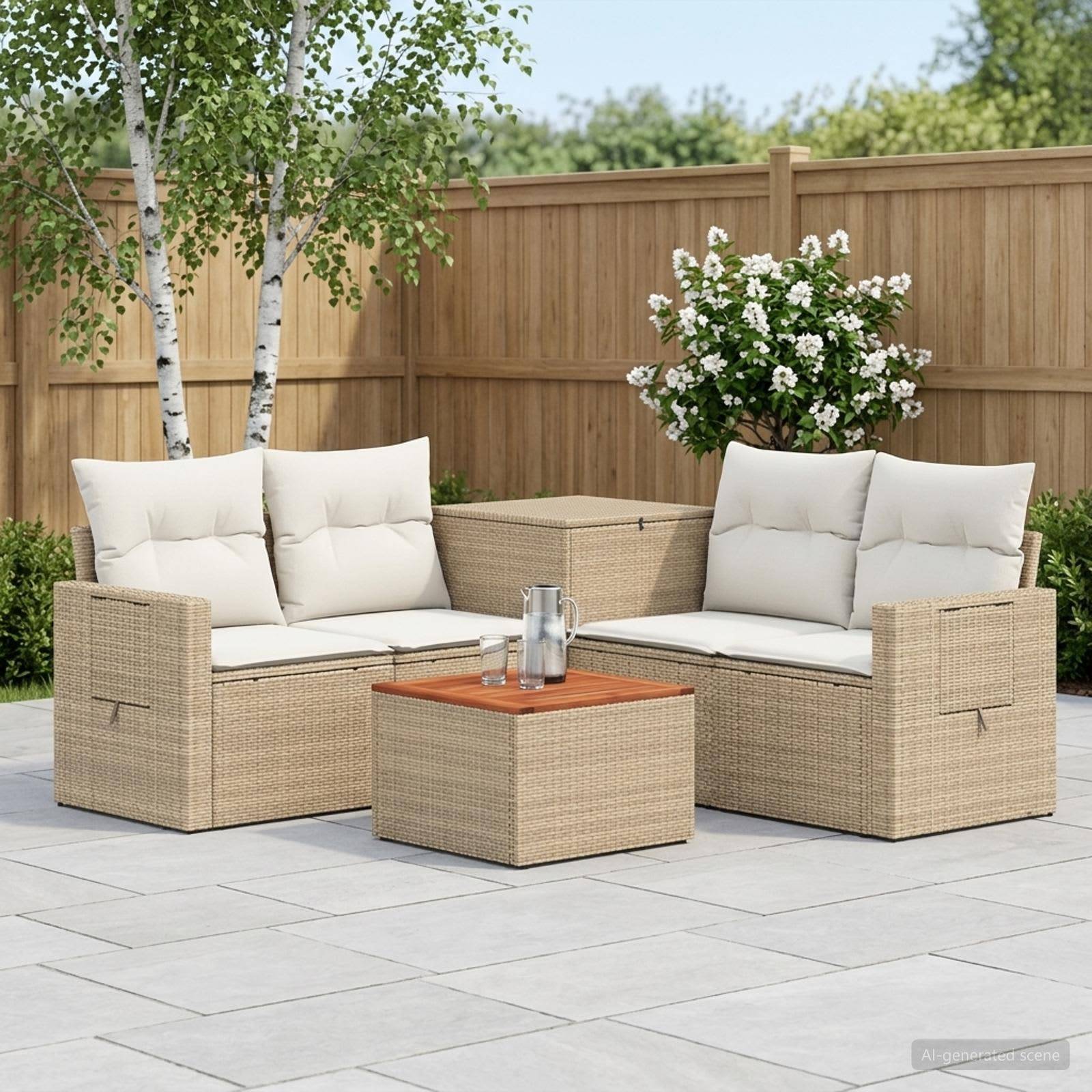 Gartenmöbelset für die Terrasse mit zwei Korbsofas, passendem Tisch, weißen Kissen und Blumentöpfen auf einer gefliesten Terrasse.