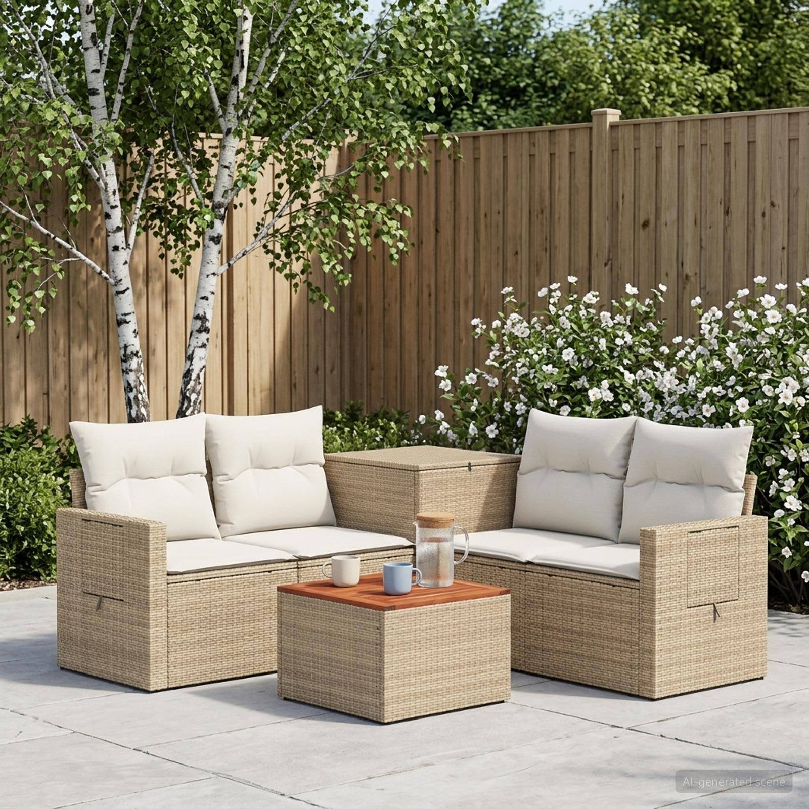 Outdoor-Patio-Sitzgarnitur mit zwei beigen Korbsofas, Couchtisch und Kissen in einem Garten neben einem Holzzaun und Blumen.