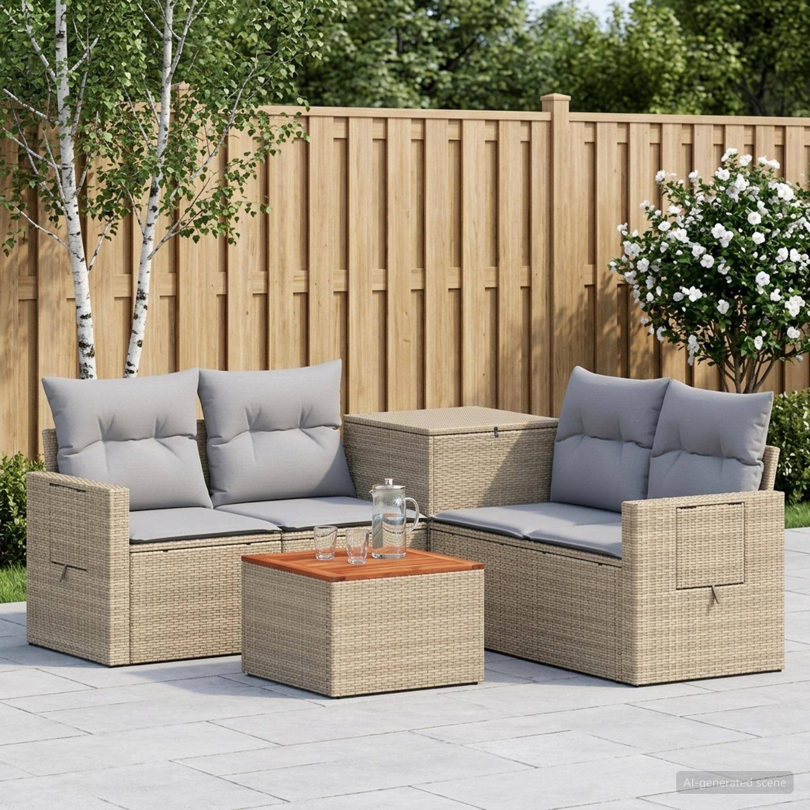 Gartenmöbel-Set für die Terrasse mit zwei Korbgeflecht-Zweisitzern, grauen Kissen und einem passenden Couchtisch auf einer gefliesten Terrasse neben einem Holzzaun und Pflanzen.