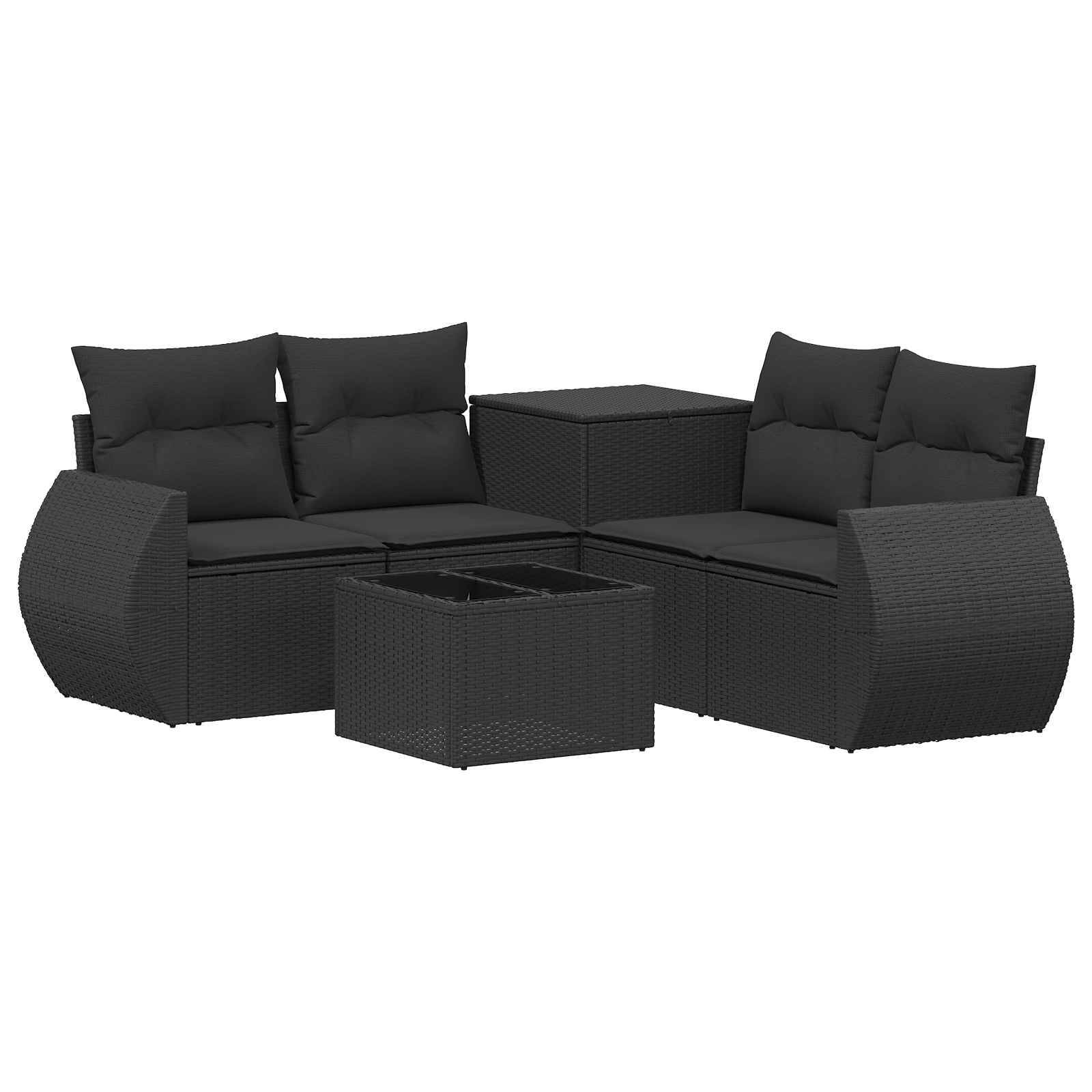 Schwarzes Korbgeflecht-Patio-Ecksofa-Set mit Kissen und passendem Couchtisch auf weißem Hintergrund.