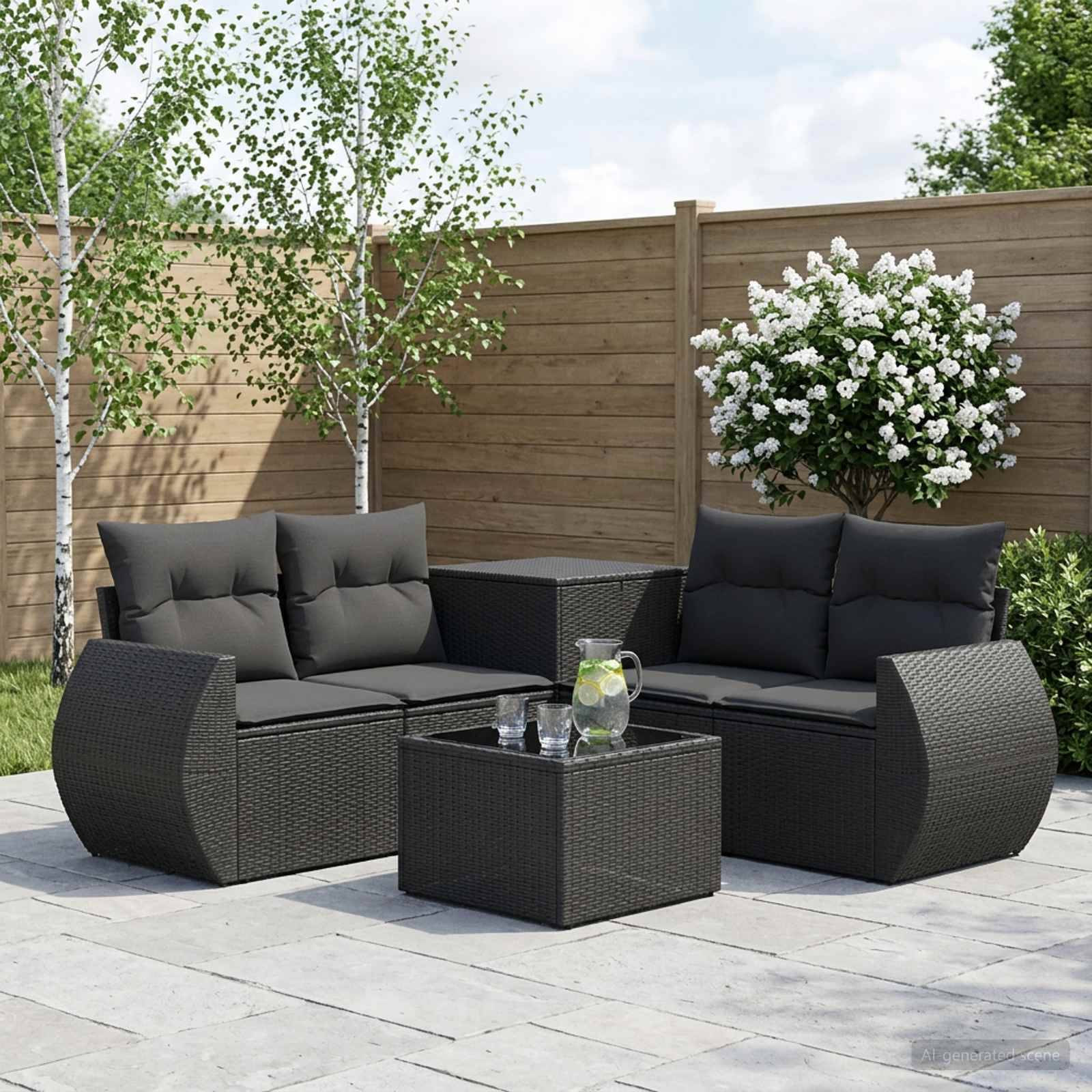 Gartensitzgarnitur für die Terrasse mit zwei dunklen Polyrattan-Sofas, passendem Couchtisch und Kissen auf einer Steinterrasse neben einem Holzzaun und einem blühenden Strauch.