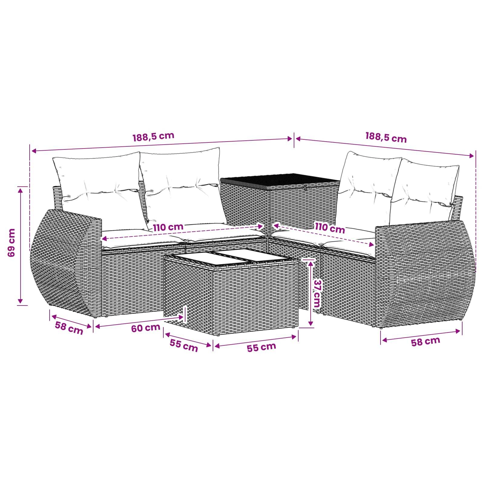 Diagramm eines Outdoor-Loungesets mit Ecksofa, Hocker und Couchtisch mit Abmessungen in Zentimetern: 188,5 cm breit pro Seite, 110 cm Sitztiefen, 69 cm Höhe, 58 cm Armlehnentiefe, 55–60 cm Tischgröße.