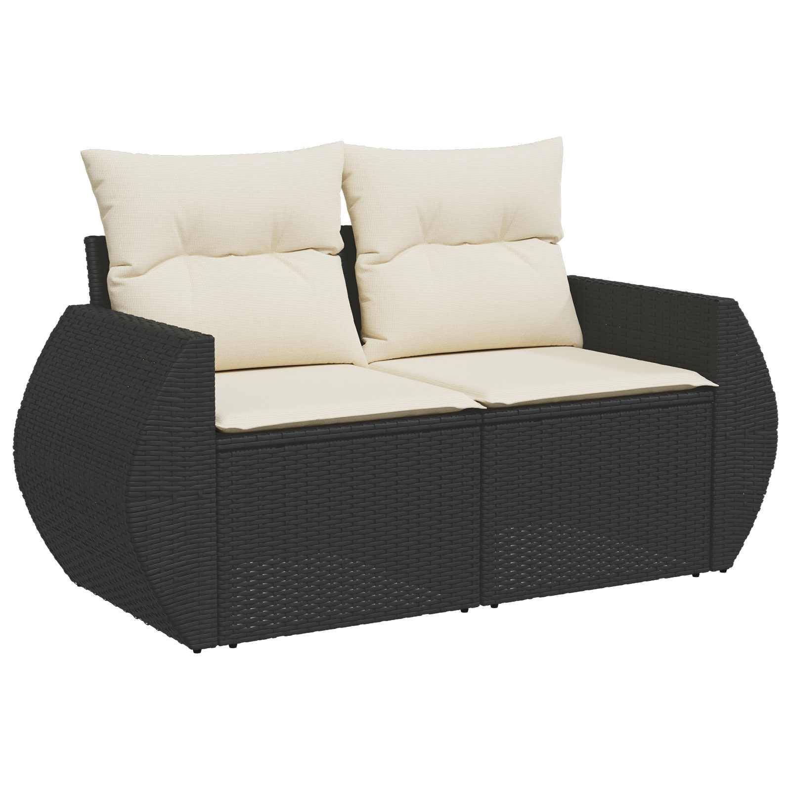 Schwarzes Websofa mit zwei Sitzplätzen und cremefarbenen Kissen auf weißem Hintergrund.