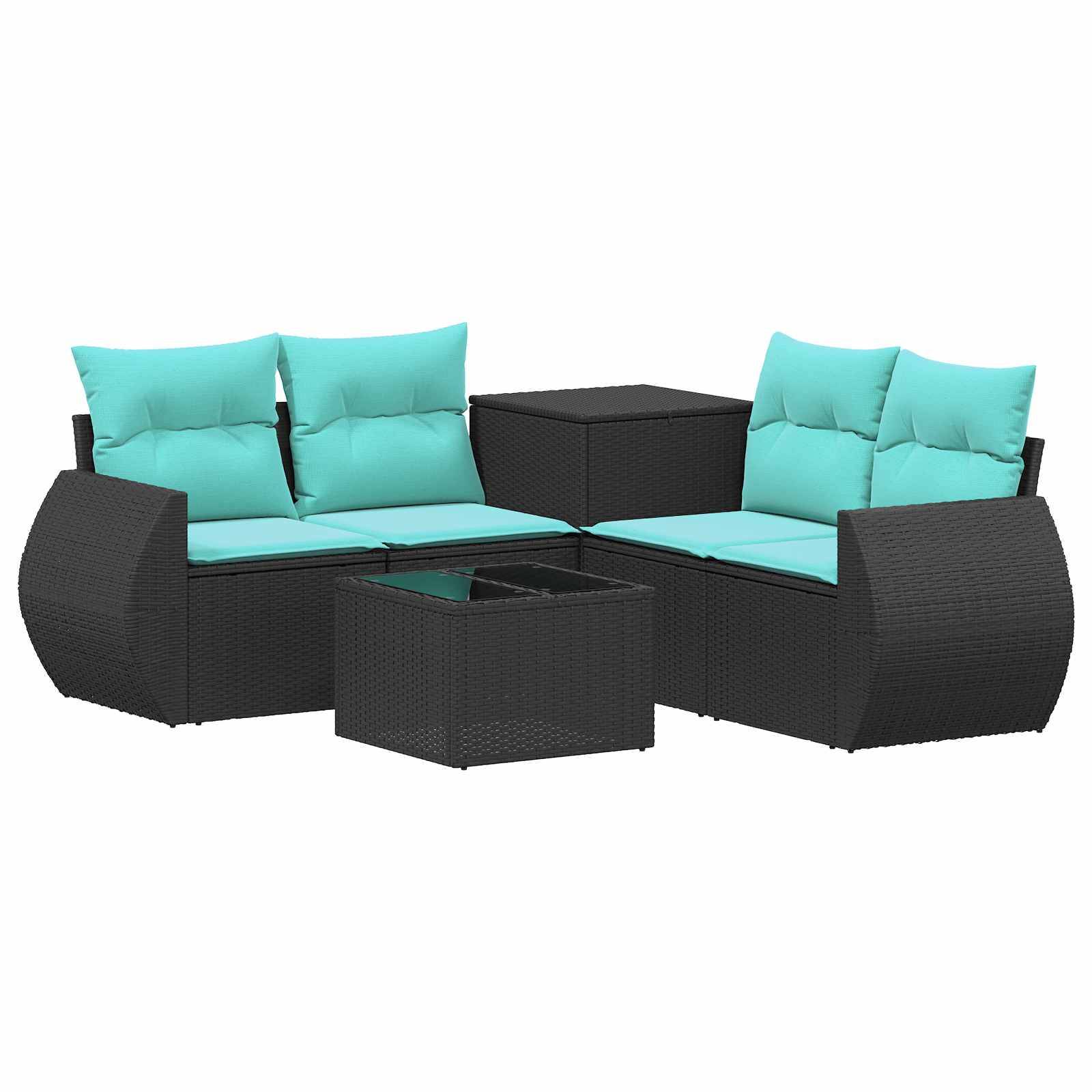 Schwarzes Polyrattan-Gartensofaset mit türkisfarbenen Kissen und passendem quadratischem Couchtisch auf weißem Hintergrund.