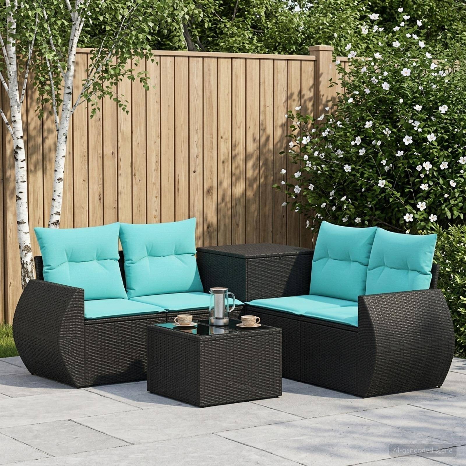 Outdoor-Sitzmöbel-Set mit zwei schwarzen Rattan-Sofas, türkisfarbenen Kissen, einem passenden Tisch und einem kleinen Couchtisch auf einer gepflasterten Terrasse im Hinterhof.