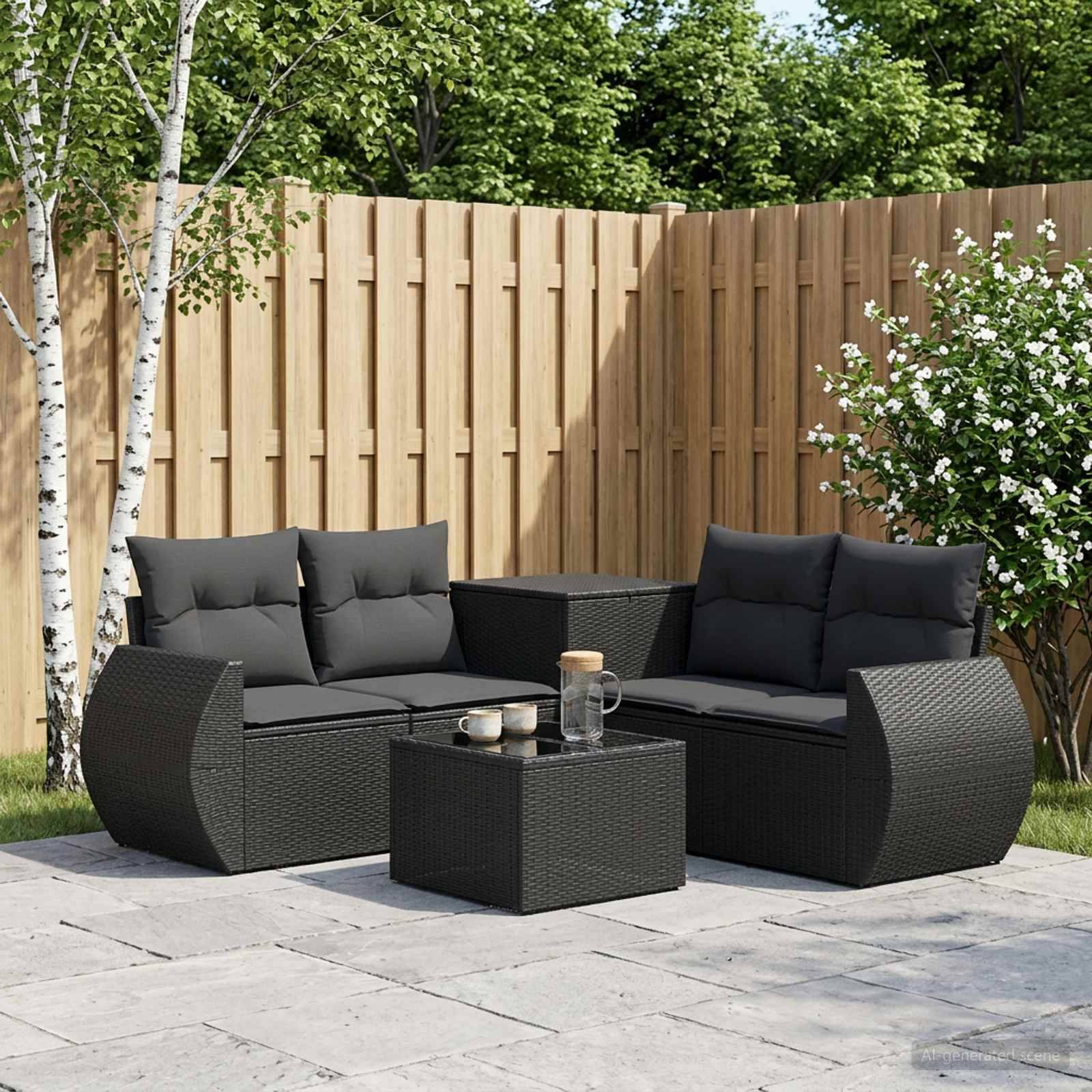 Outdoor-Terrassenmöbel-Set mit schwarzen Rattansektionalsofas, passendem Tisch und Kissen auf einer gepflasterten Terrasse neben einem Holzzaun und Bäumen.