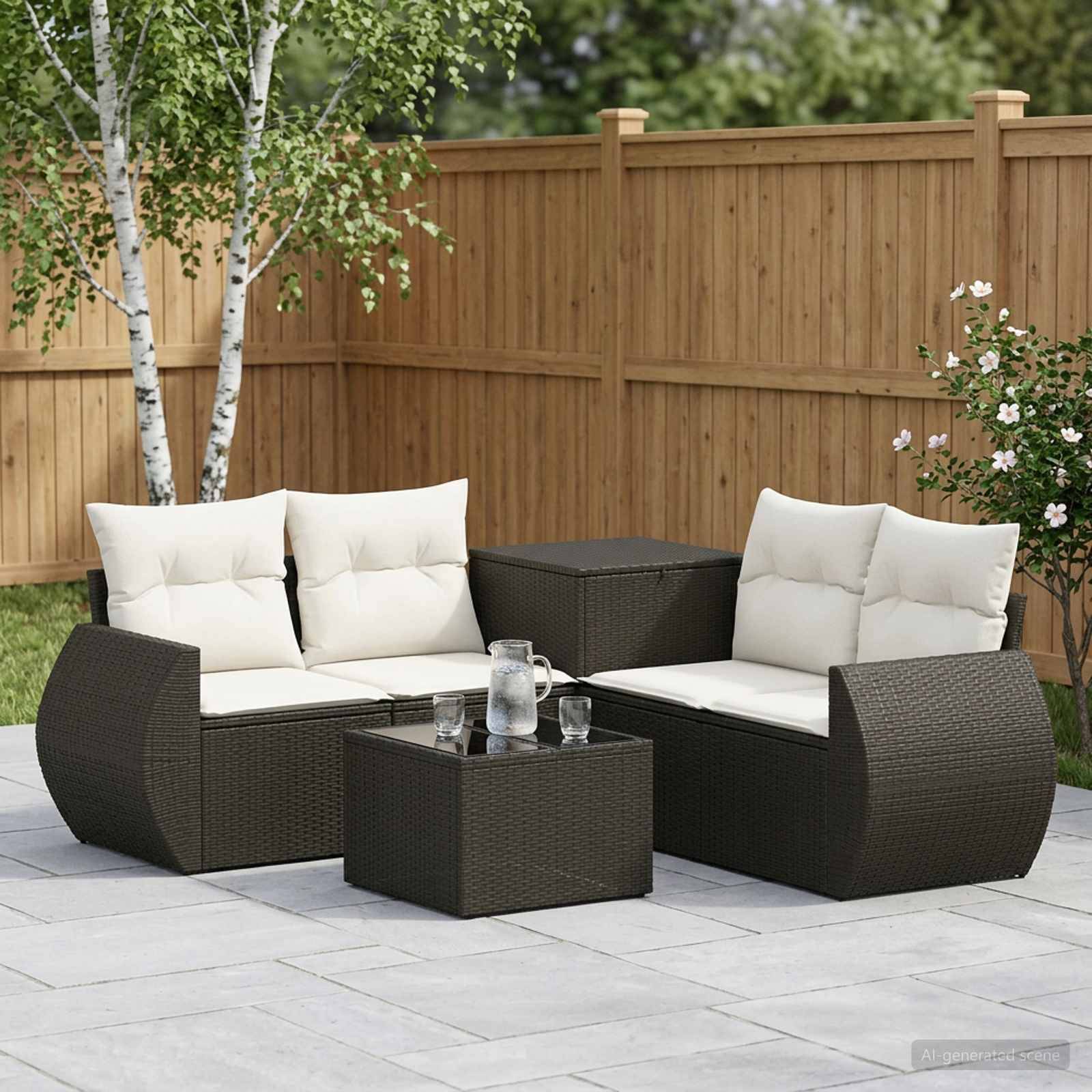 Outdoor-Sitzmöbel-Set mit dunklem Rattan-Ecksofa, weißen Kissen und passendem Tisch auf einer gepflasterten Terrasse neben einem Holzzaun und blühenden Sträuchern.