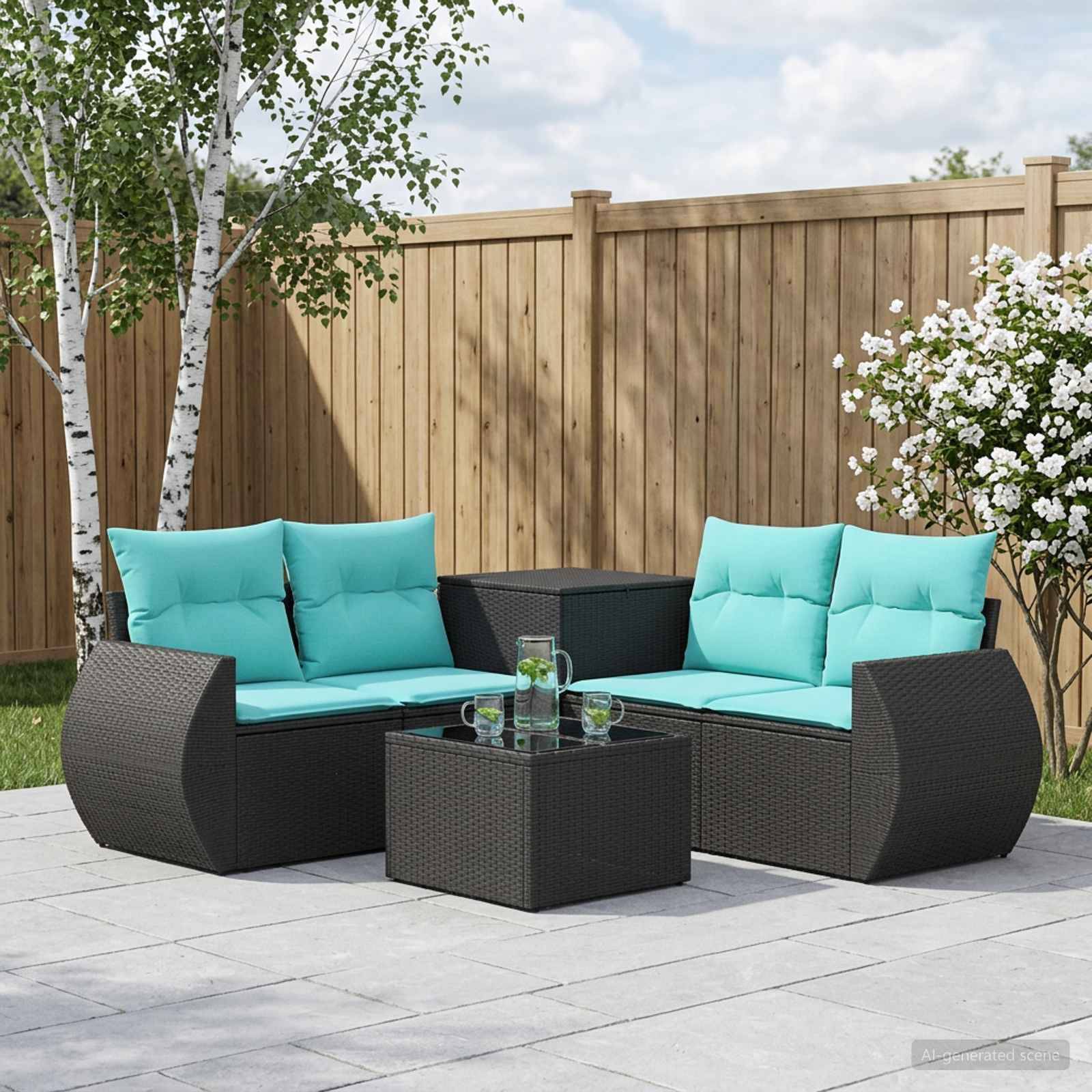 Gartenset für Terrasse mit zwei schwarzen geflochtenen Zweisitzer-Stühlen, türkisfarbenen Kissen und einem kleinen Tisch mit Glasplatte auf einer Steinterrasse neben einem Holzzaun.
