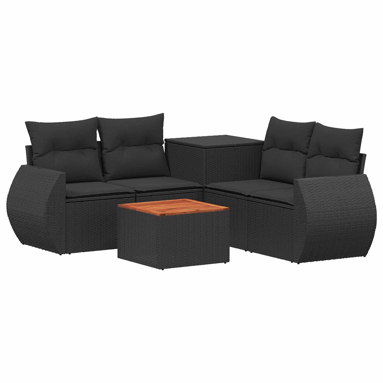Schwarzes Polyrattan-Außensofa-Set mit Eckplätzen, zwei Beistelltischen und einem kleinen quadratischen Couchtisch mit Holzplatte