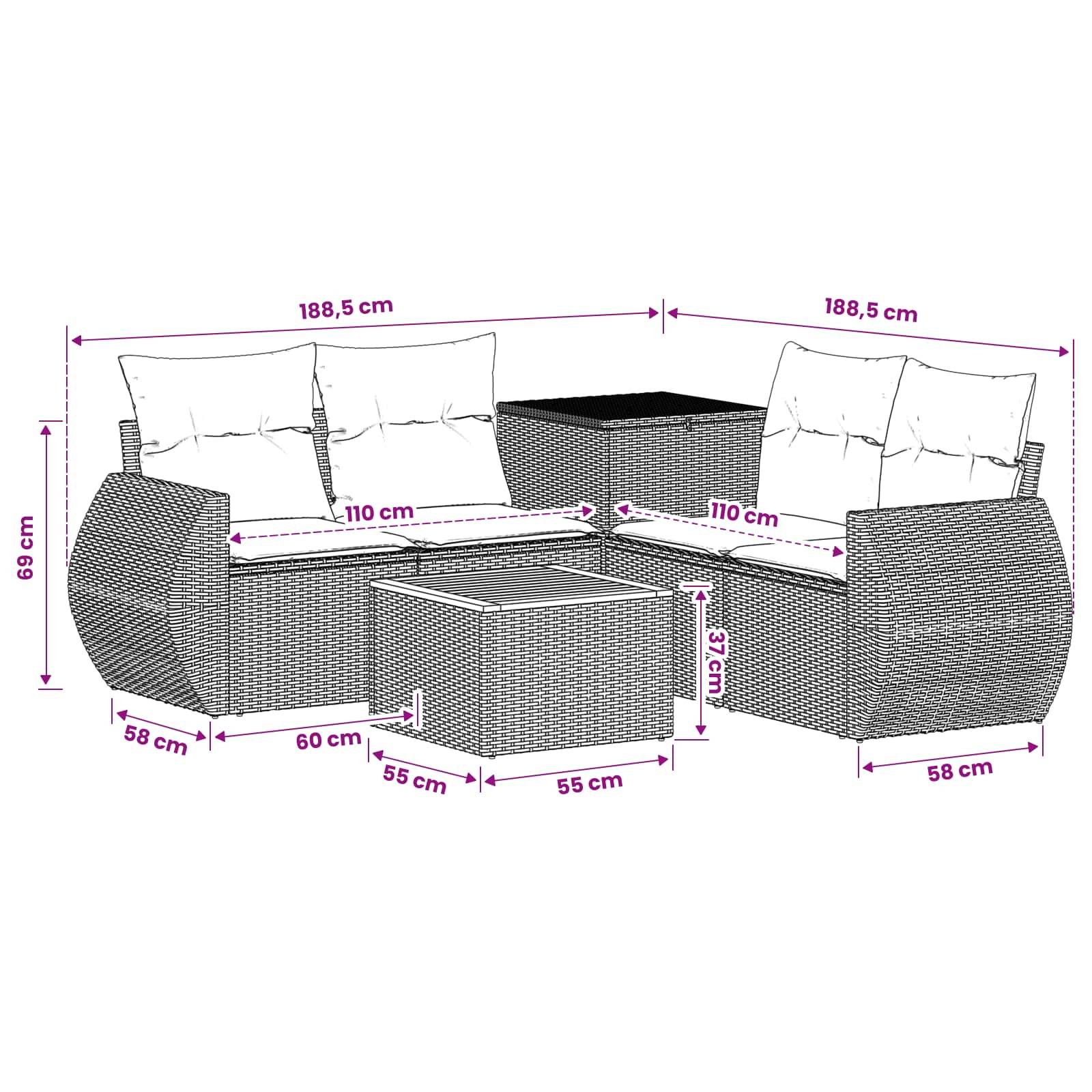 Diagramm eines Korbgeflecht-Ecksofa-Sets mit zwei Sitzen, zentralem Tisch und Kissen, beschriftet mit Abmessungen: 188,5 cm breite Abschnitte, 69 cm Höhe, 58 cm Tiefe, 110 cm Sitzbreite, 37 cm Sitzhöhe.
