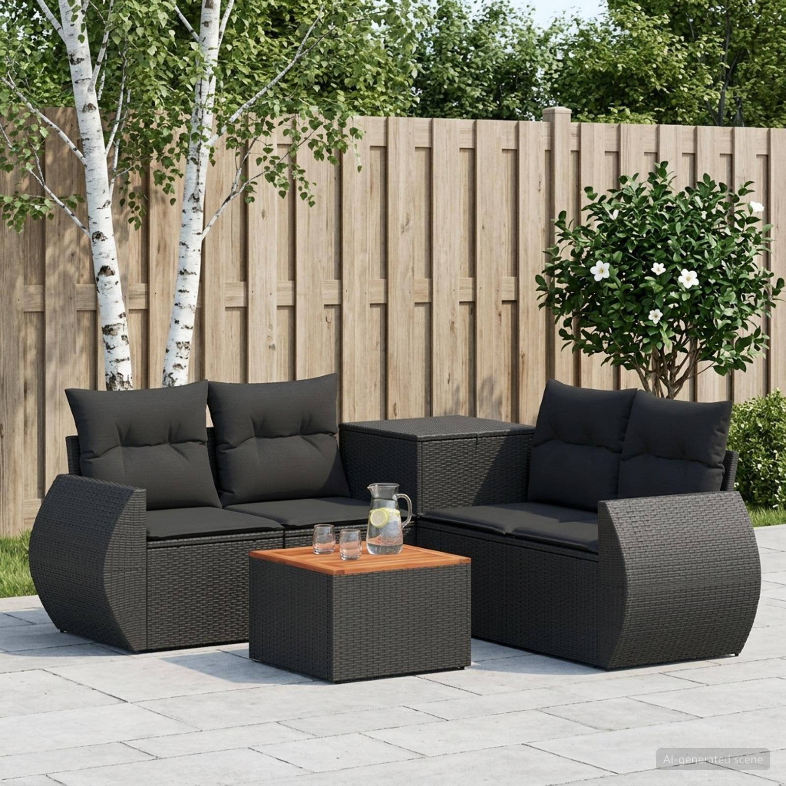 Modernes schwarzes Korbgeflecht-Außensofa-Set mit Kissen und Couchtisch auf einer Terrasse, mit einer Getränkekanne und Gläsern vor einem Holzzaun und Bäumen.