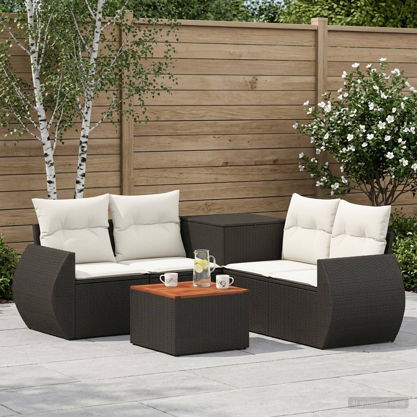 Terrassenmöbelset mit dunklen Rattanmöbeln, weißen Kissen und Couchtisch auf einer gepflasterten Außenterrasse neben einem Holzzaun und Bäumen.