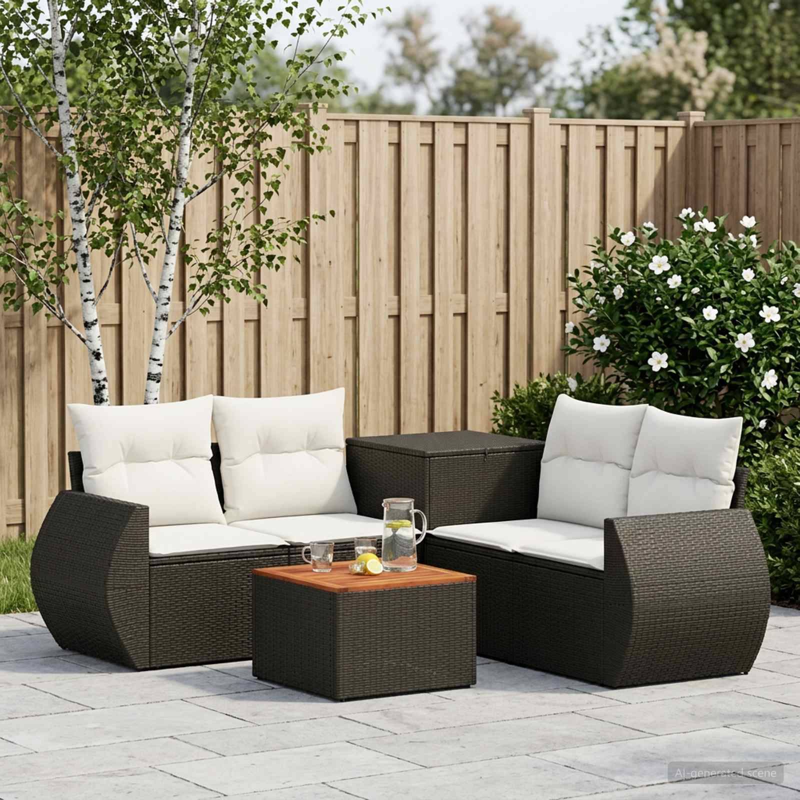 Outdoor-Terrassenmöbelgarnitur mit zwei Korbsofas, Couchtisch und Kissen auf einer Steinterrasse neben einem Holzzaun und Pflanzen.