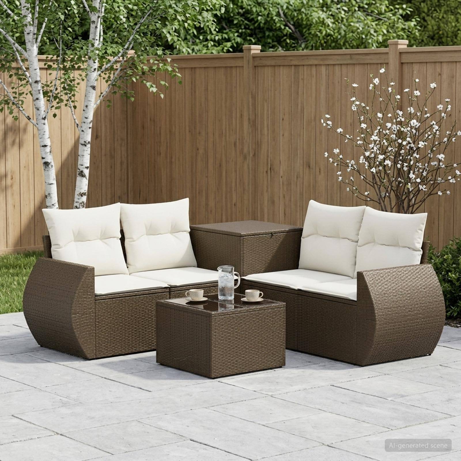 Outdoor-Terrassenmöbel-Set mit zwei geschwungenen Korbliebessitzen, weißen Kissen, einem quadratischen Couchtisch und einem passenden Beistelltisch auf einer Steinterrasse vor einem Holzzaun.