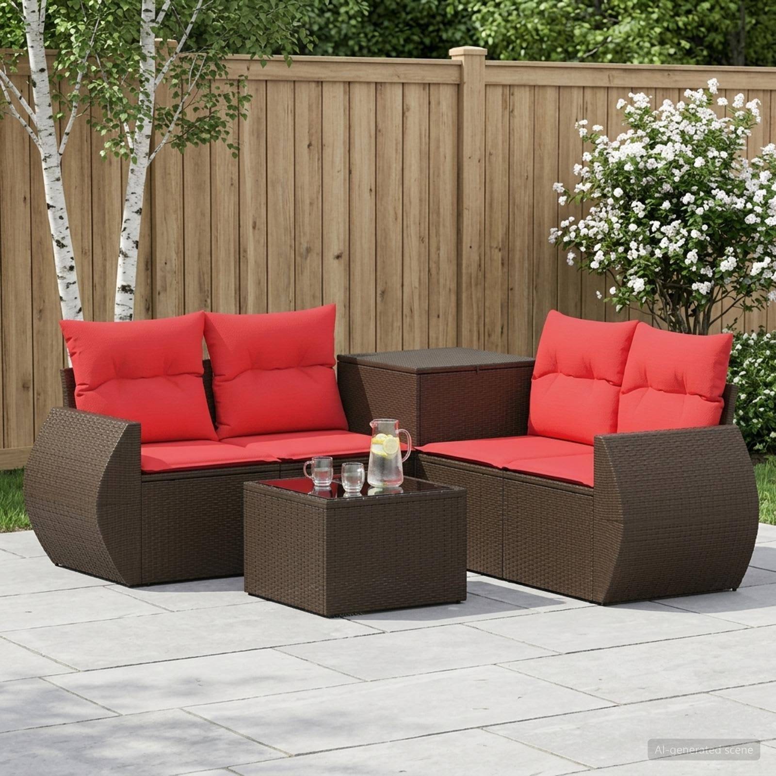 Outdoor-Sitzgarnitur für die Terrasse mit zwei braunen Rattan-Zweisitzern, roten Kissen und passendem Tisch auf einer Steinterrasse neben einem Holzzaun und blühendem Busch.