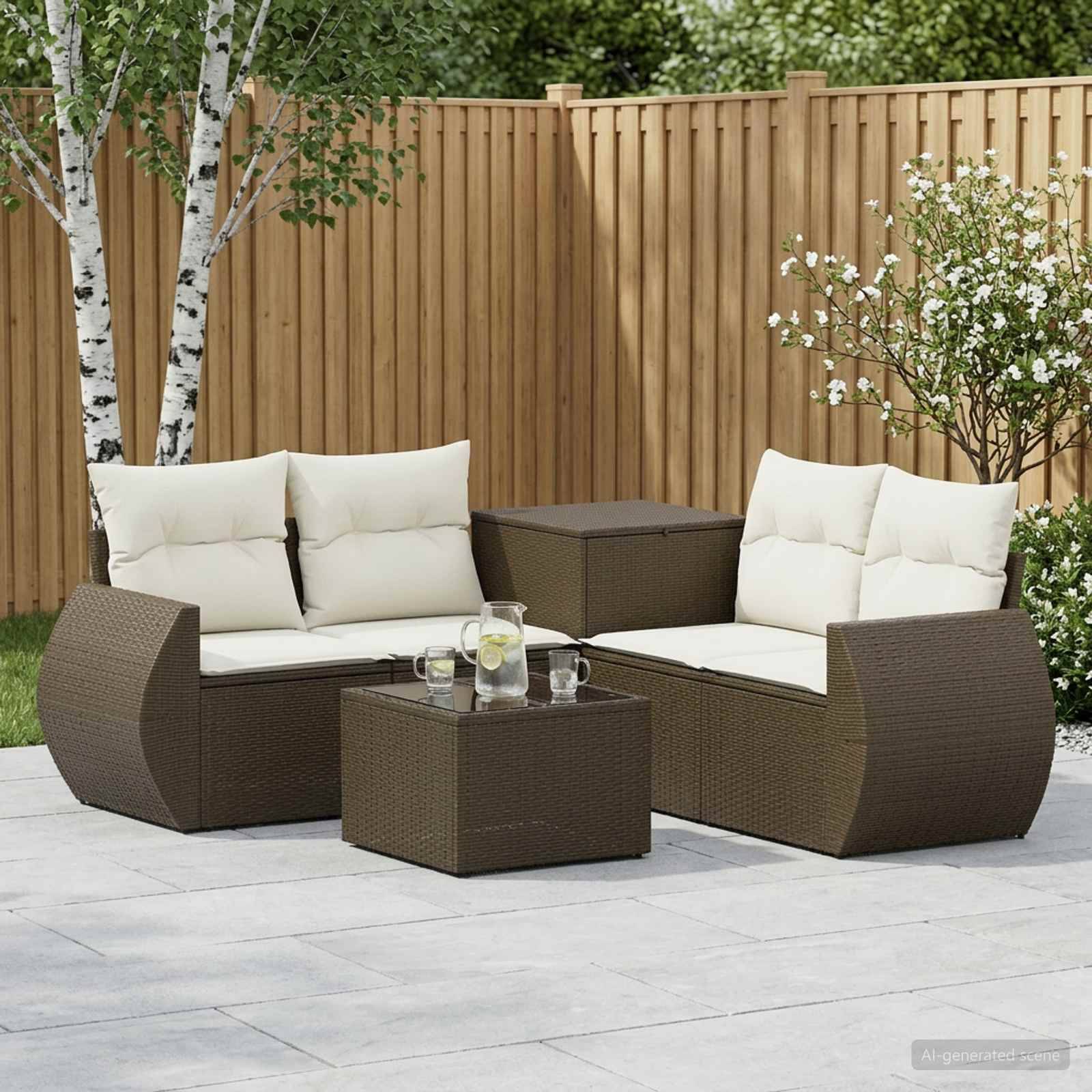 Gartenplatz-Sitzmöbel im Freien mit braunem Rattanliebessitz, Stuhl und Couchtischen, alle mit weißen Kissen, auf einer Steinterrasse neben einem Holzzaun und Bäumen.