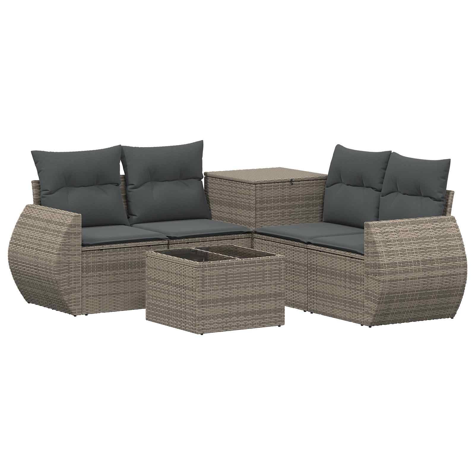 Outdoor-Rattanpatio-Ecksofa-Set mit dunklen Kissen und quadratischem Couchtisch, gezeigt auf weißem Hintergrund.