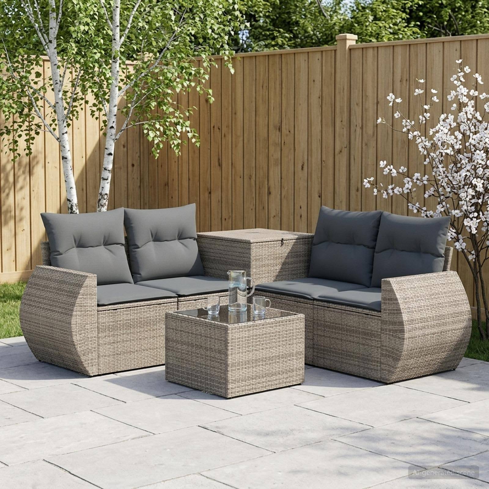 Outdoor-Sitzmöbel-Set mit zwei Rattansofa, passendem Ottomane und Glastisch auf einer Steinterrasse neben einem Holzzaun und blühenden Bäumen.