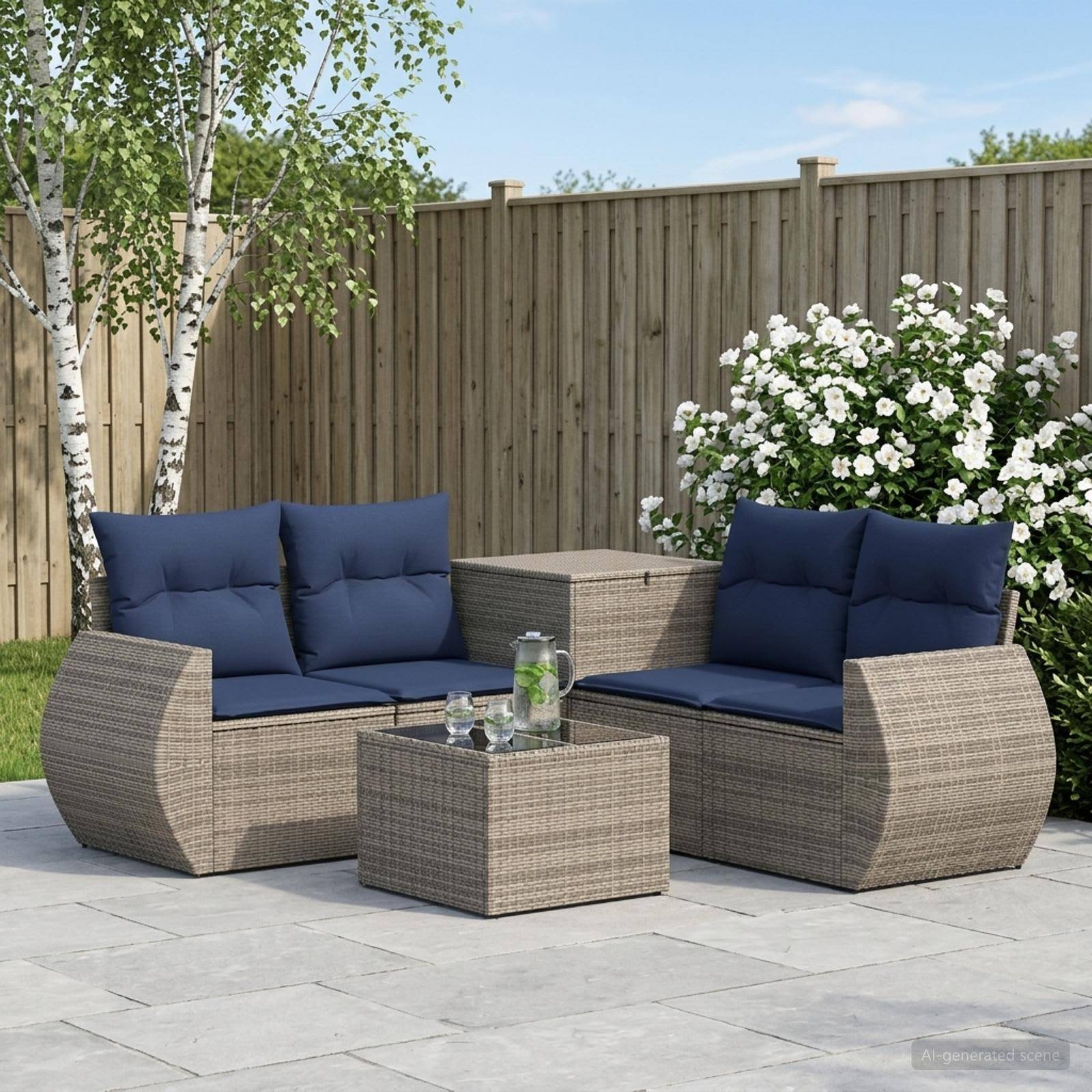 Gartensitzgruppe im Freien mit zwei grauen Rattansofas, blauen Kissen und einem passenden Couchtisch auf einer gepflasterten Terrasse neben einem Holzzaun und Blumen.