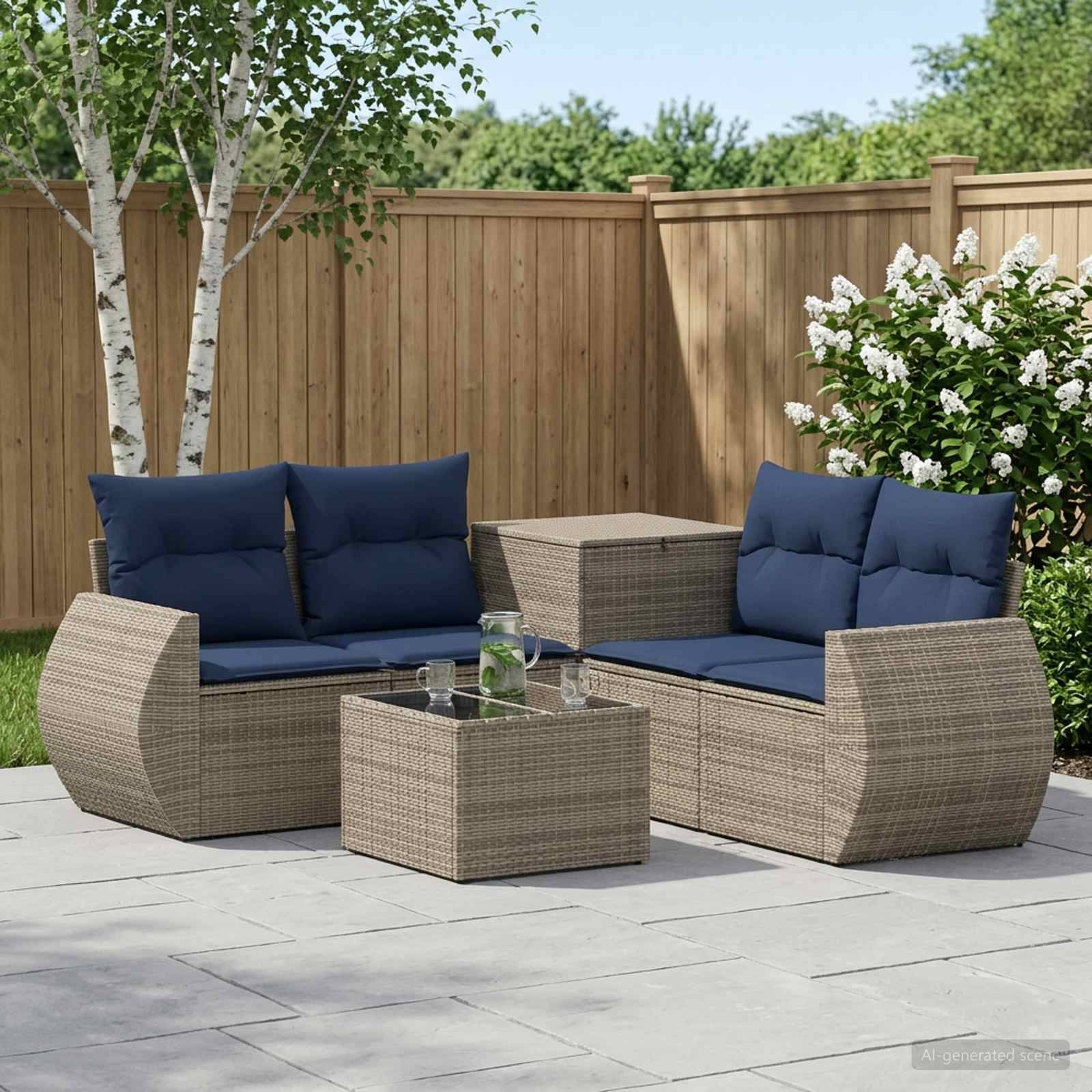 Gartensitzgruppe für die Terrasse mit zwei Korbsofas, blauen Polstern und passenden Couchtischen auf einer Steinterrasse neben einem Holzzaun und blühendem Strauch.
