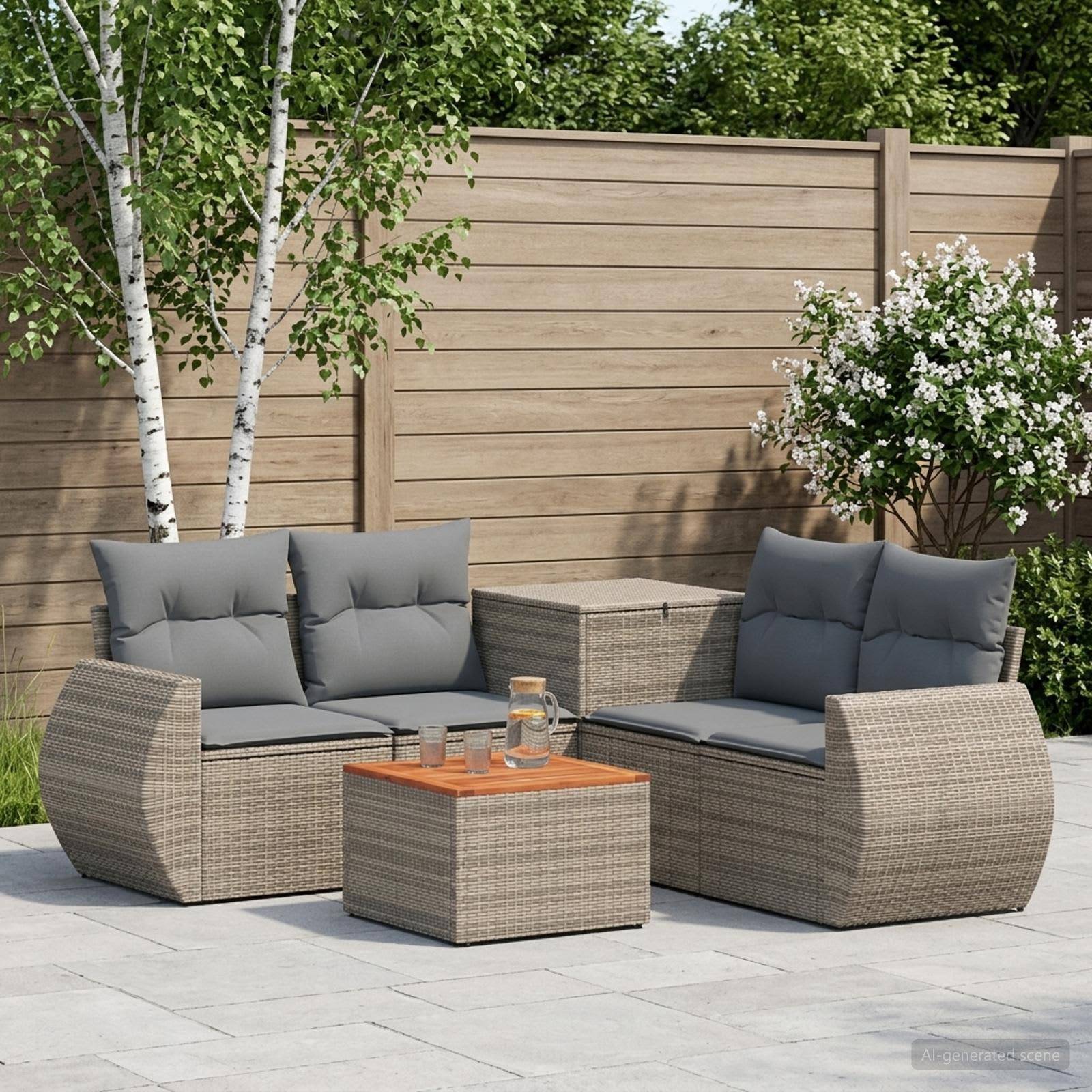 Outdoor-Terrassensitzgruppe mit zwei grauen Rattansofa, zwei quadratischen Tischen und Topfbäumen vor einem Holzzaun.