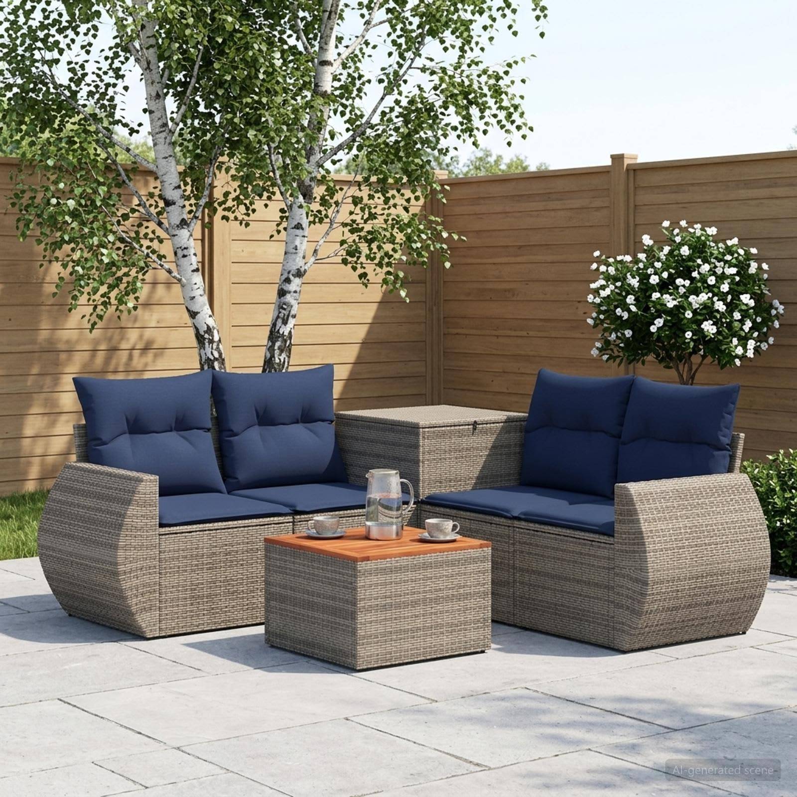 Gartensitzgarnitur im Freien mit zwei grauen Rattan-Sofas, dunkelblauen Kissen und einem kleinen Couchtisch auf Steinplatten, neben einem Holzzaun und Bäumen.