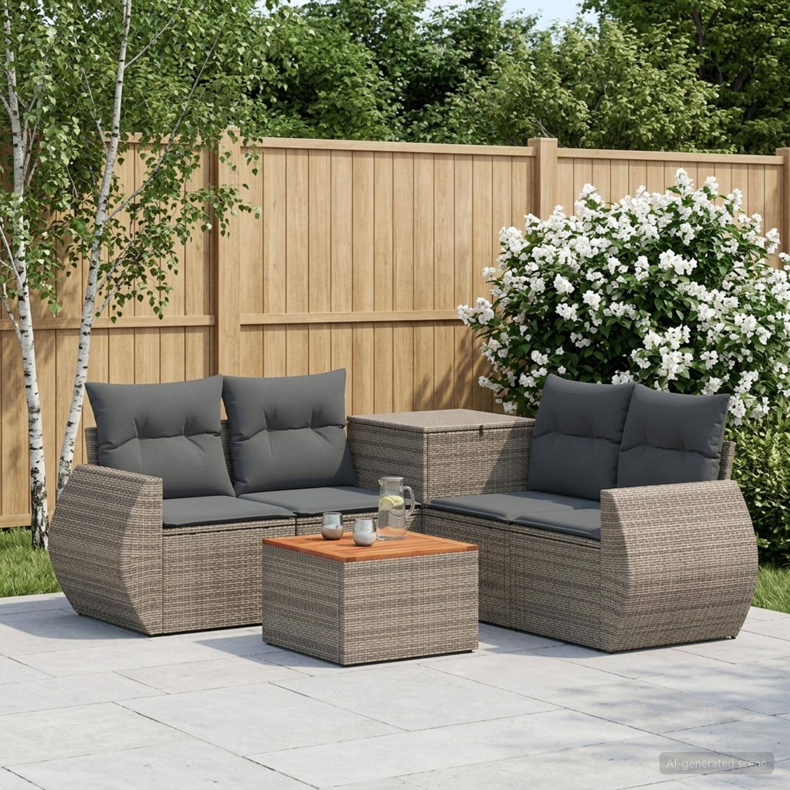 Zwei Korbgartensofas mit dunklen Kissen sind sich gegenüber auf einer Terrasse angeordnet und blicken auf einen niedrigen Couchtisch, mit einem Holzzaun und blühenden Sträuchern im Hintergrund.