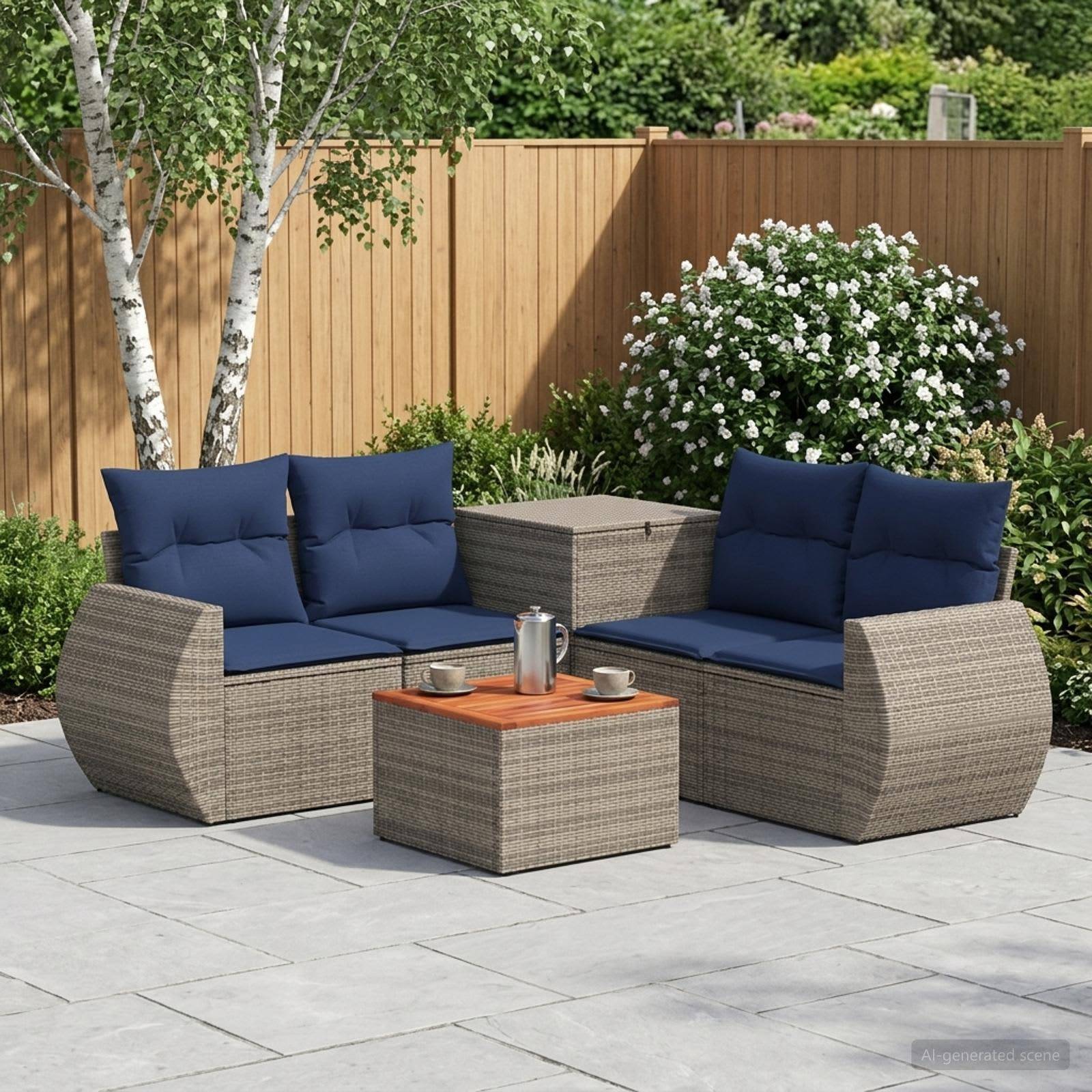 Gartenmöbel-Set für die Terrasse mit zwei Korbsesseln, dunkelblauem Polster und passendem Couchtisch in einem angelegten Hinterhof.
