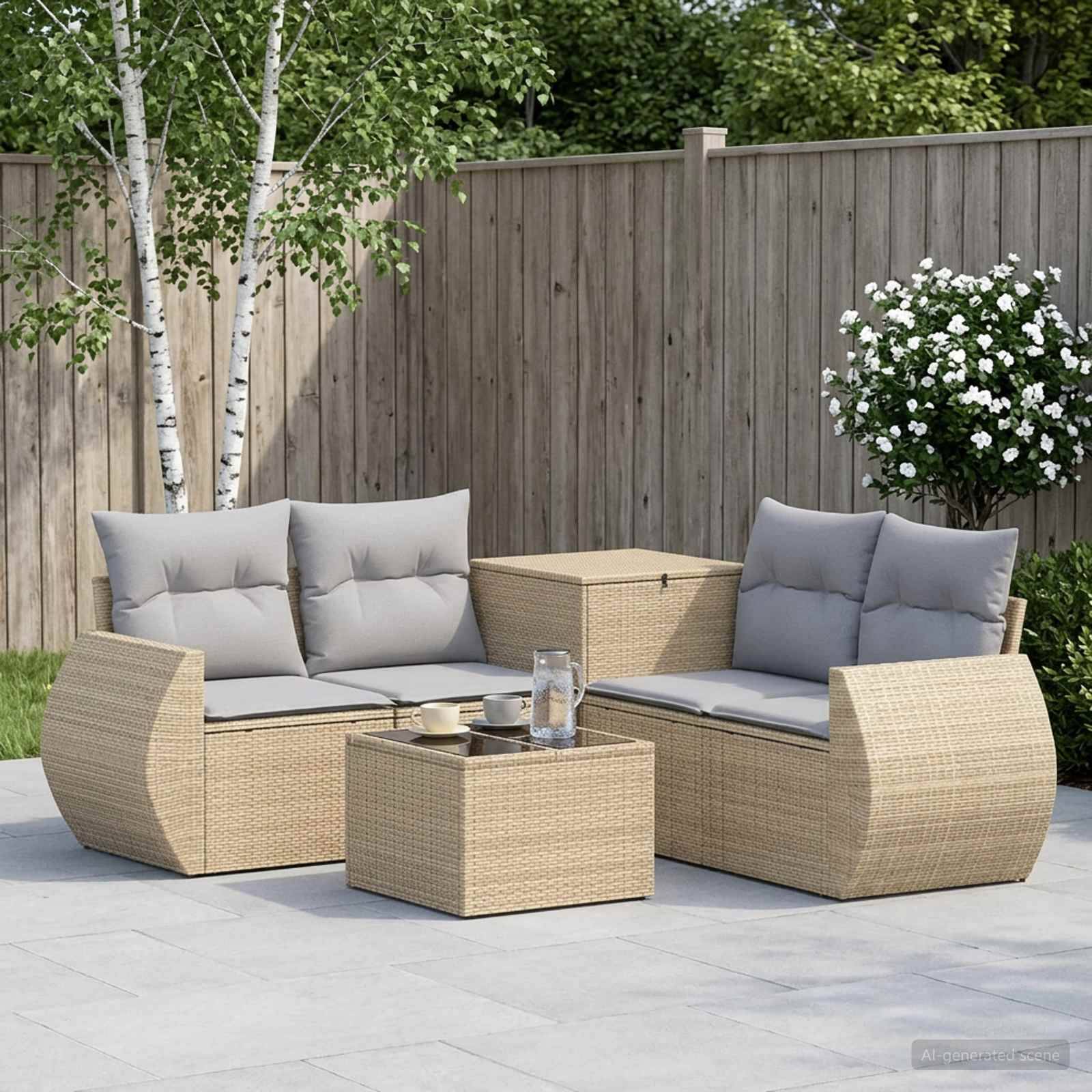 Gartenplatz-Sitzmöbel mit zwei gewebten Rattansofas, grauen Kissen und passenden Kaffee- und Beistelltischen auf einer gepflasterten Terrasse neben einem Holzzaun und Bäumen.