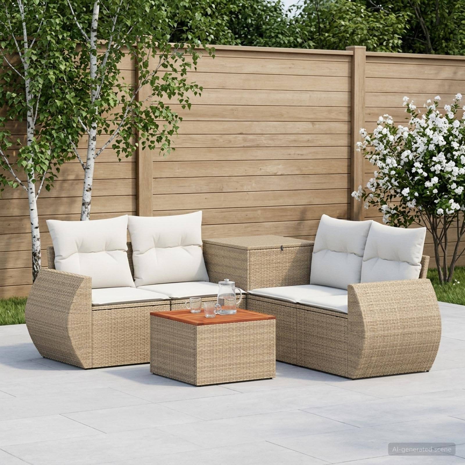 Outdoor-Sitzgarnitur für die Terrasse mit zwei geflochtenen Sofas, einem passenden Tisch und Kissen auf einer gefliesten Terrasse neben einem Holzzaun und blühenden Sträuchern.