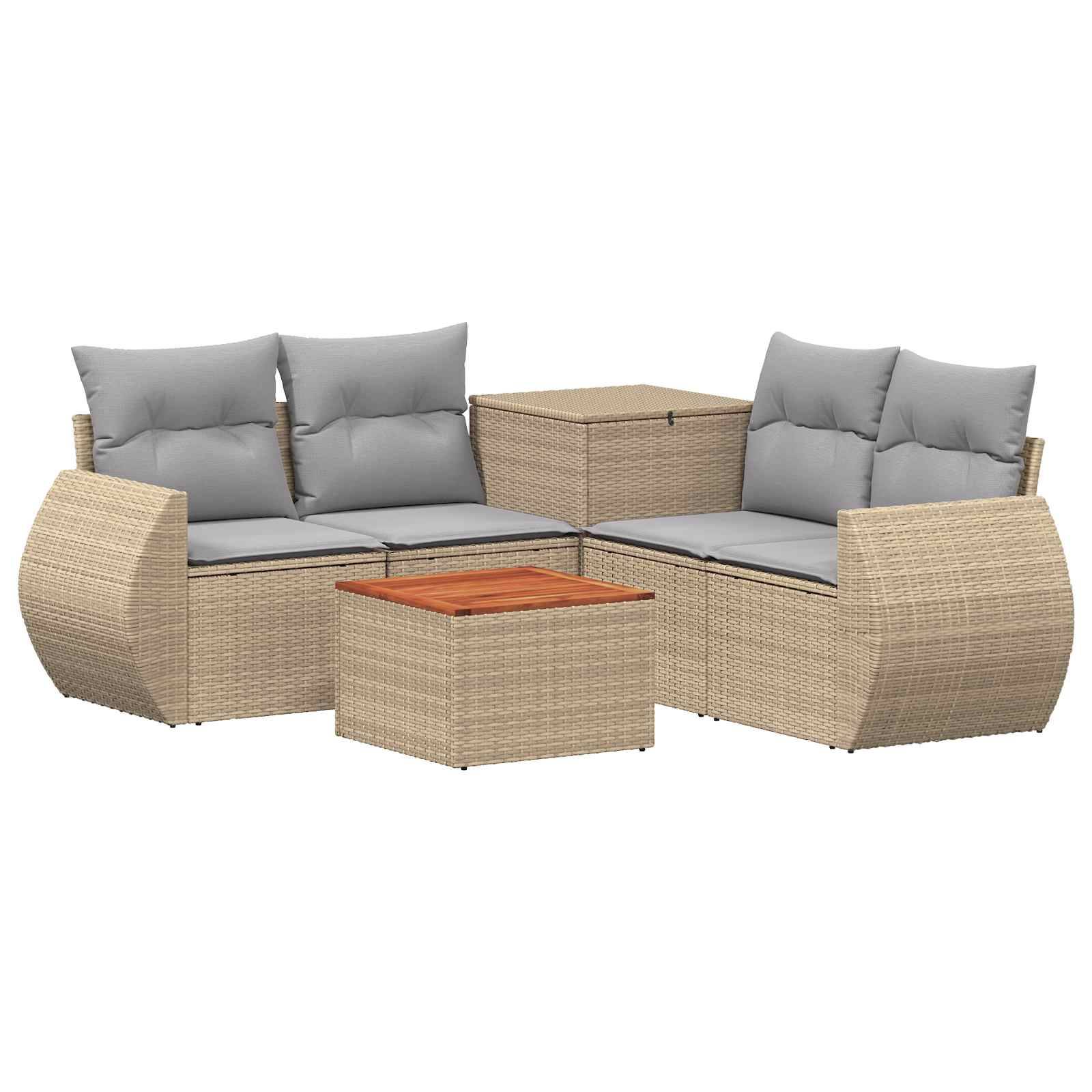 Outdoor-Rattan-Terrassensektional-Sofagarnitur mit grauen Kissen, passender Aufbewahrungshocker und kleinem Couchtisch