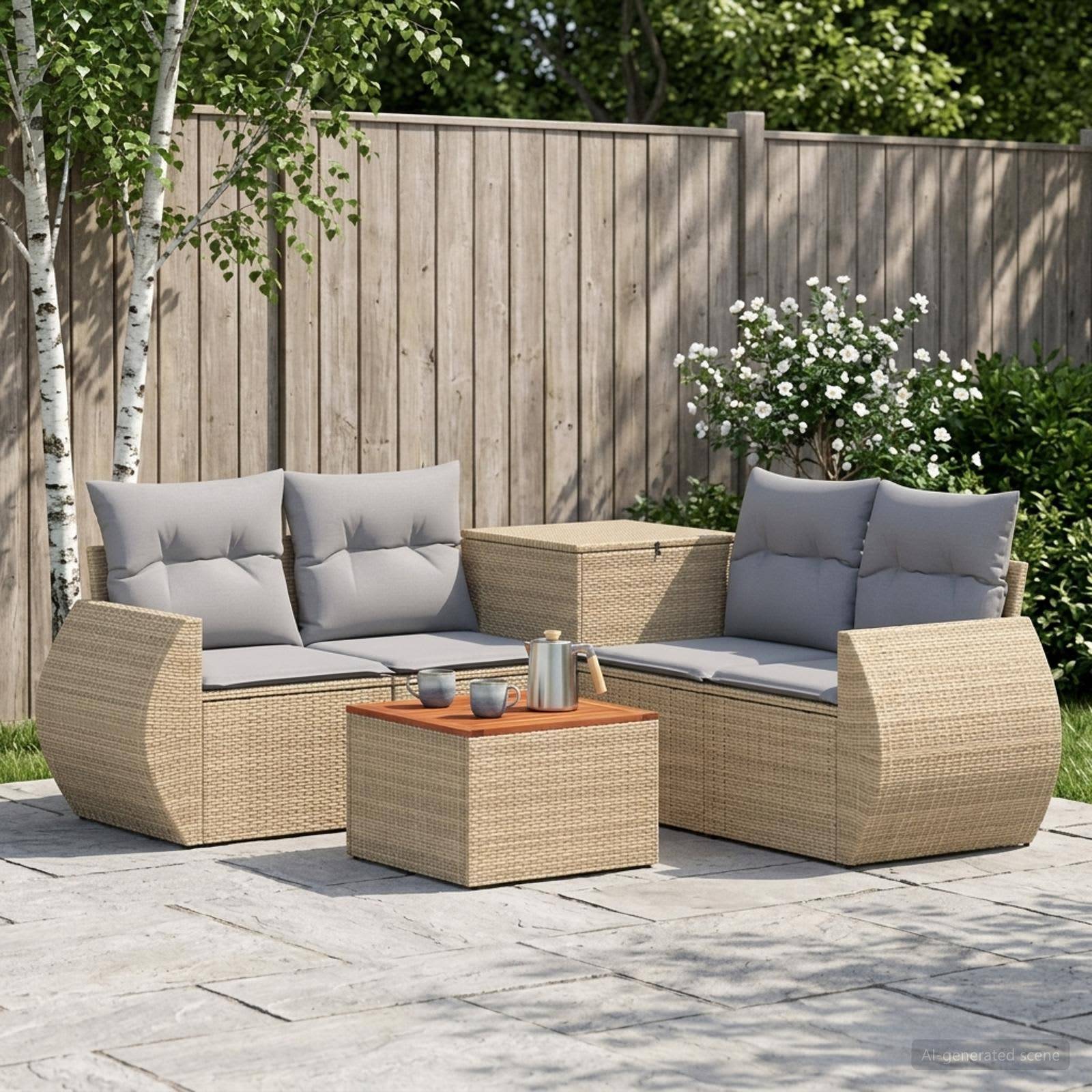 Außenbereich-Sitzmöbelset mit zwei Flechtlounge-Sofas, grauen Kissen und einem passenden Couchtisch auf einer Steinterrasse neben einem Holzzaun und Blumen.