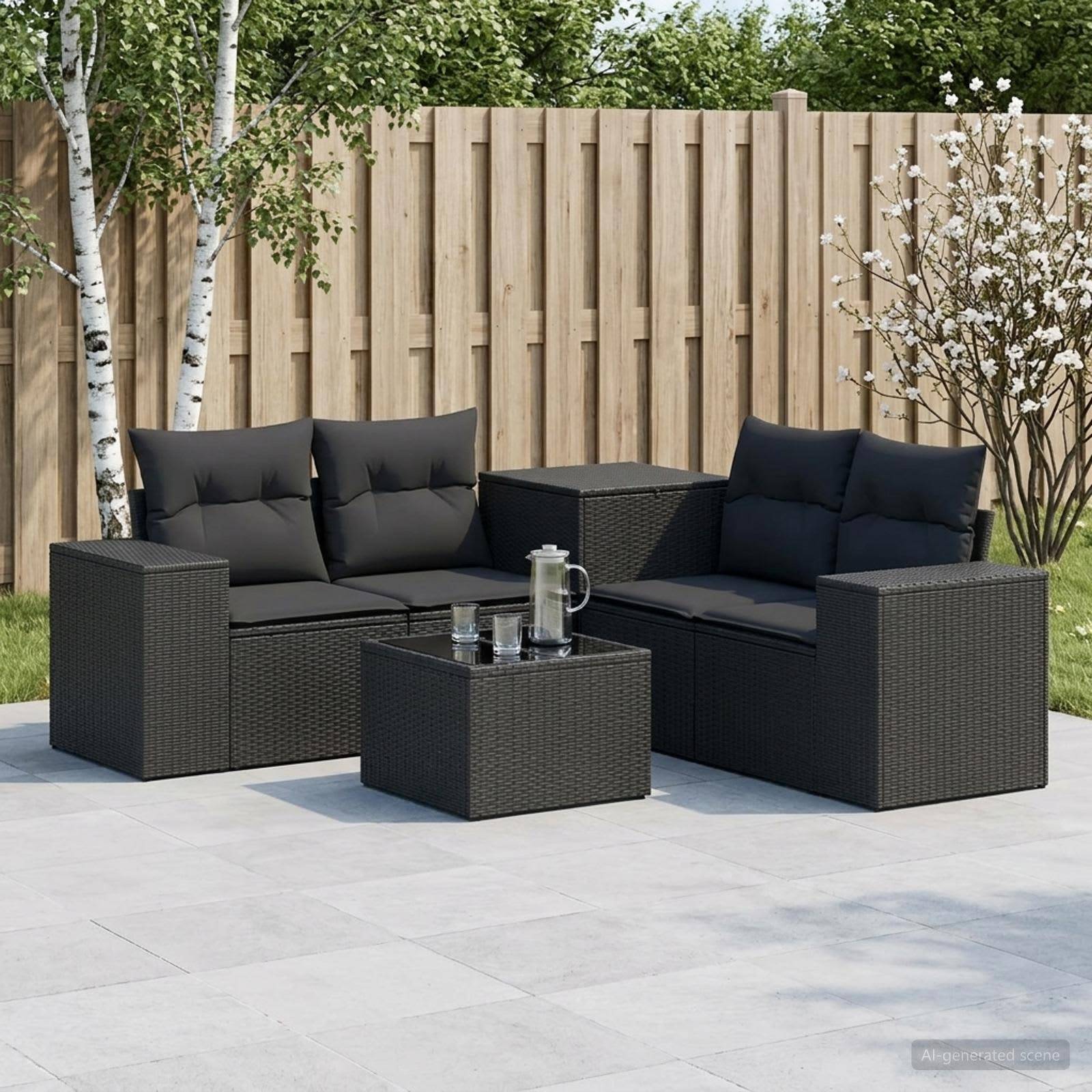 Gartenmöbel-Sitzgarnitur für die Terrasse mit zwei schwarzen Rattansofa, passendem Couchtisch und Kissen auf einer gepflasterten Terrasse neben einem Holzzaun und Bäumen.