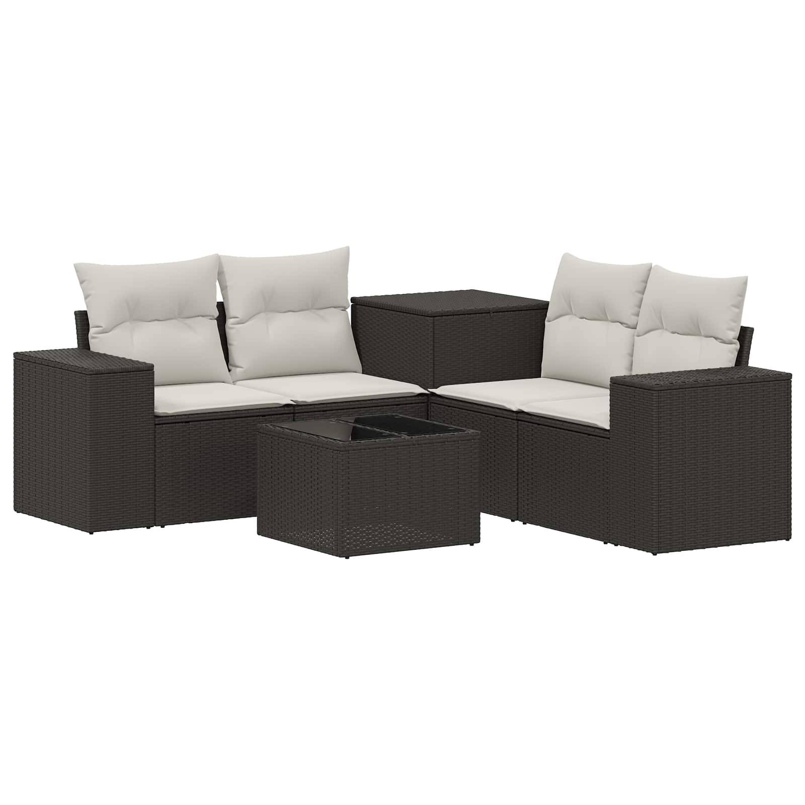 Outdoor-Rattanecksofa-Gartenmöbelset mit cremefarbenen Kissen und passendem quadratischem Couchtisch.