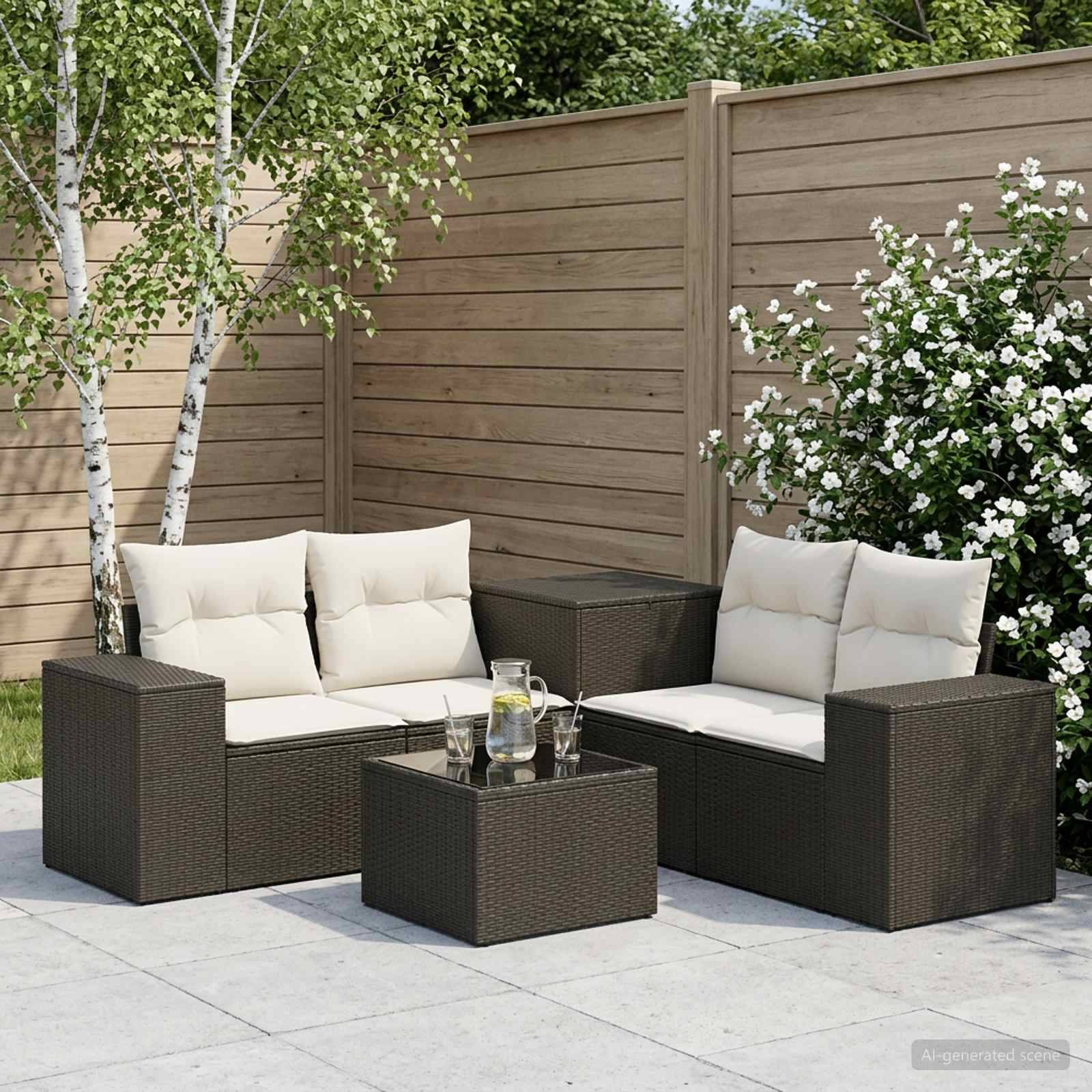 Outdoor-Sitzbereiche auf der Terrasse mit zwei dunklen Korbliebessitzen, cremefarbenen Kissen und einem passenden Couchtisch vor einem Holz-Sichtschutzgatter und blühenden Sträuchern.