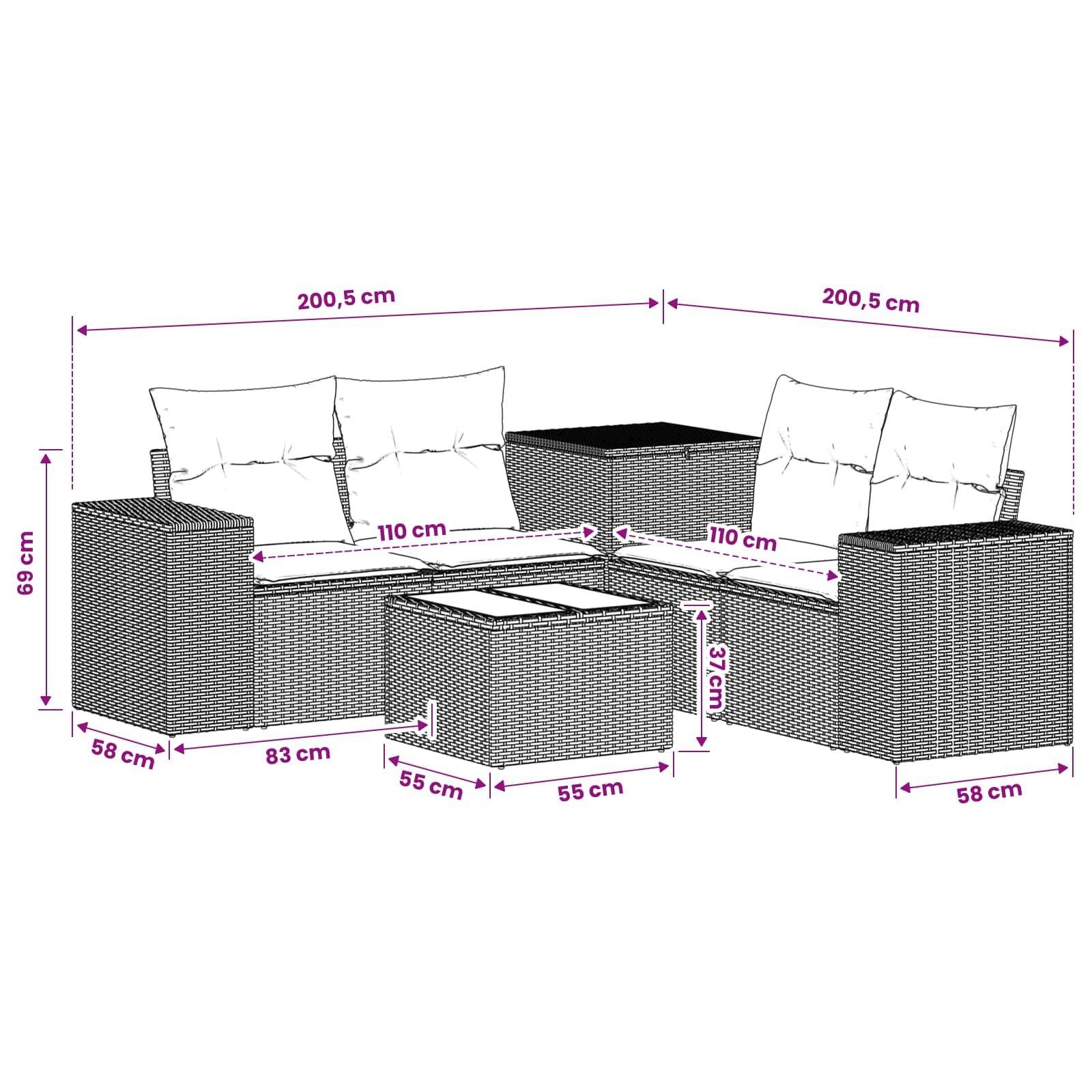 Diagramm modularer Korbgeflecht-Terrassensitzgruppe mit L-förmigem Sofa, Mitteltisch und Abmessungen: je 200,5 cm pro Seite, 69 cm Höhe, Sitzbereiche 110 cm breit, Tisch 55 x 55 x 37 cm.