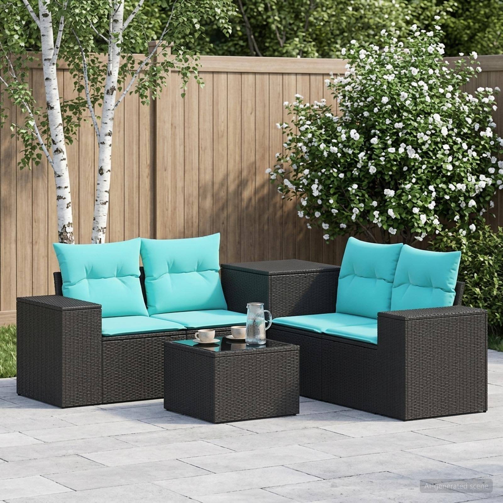 Gartenmöbel-Set für die Terrasse mit schwarzen Rattansessel, türkisfarbenen Kissen und passendem Tisch auf einem gepflasterten Deck neben einem Holzzaun und blühenden Sträuchern.
