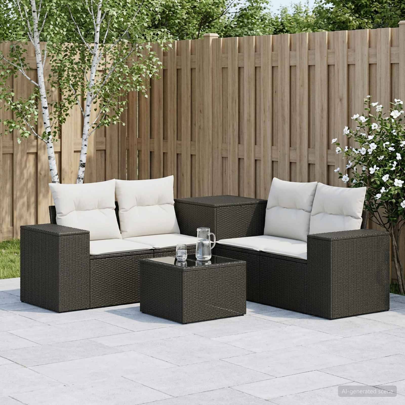 Outdoor-Terrassensitzgruppe mit zwei Korbliebessitzen, einem passenden Tisch und Kissen, angeordnet in einem eingezäunten Hinterhof.