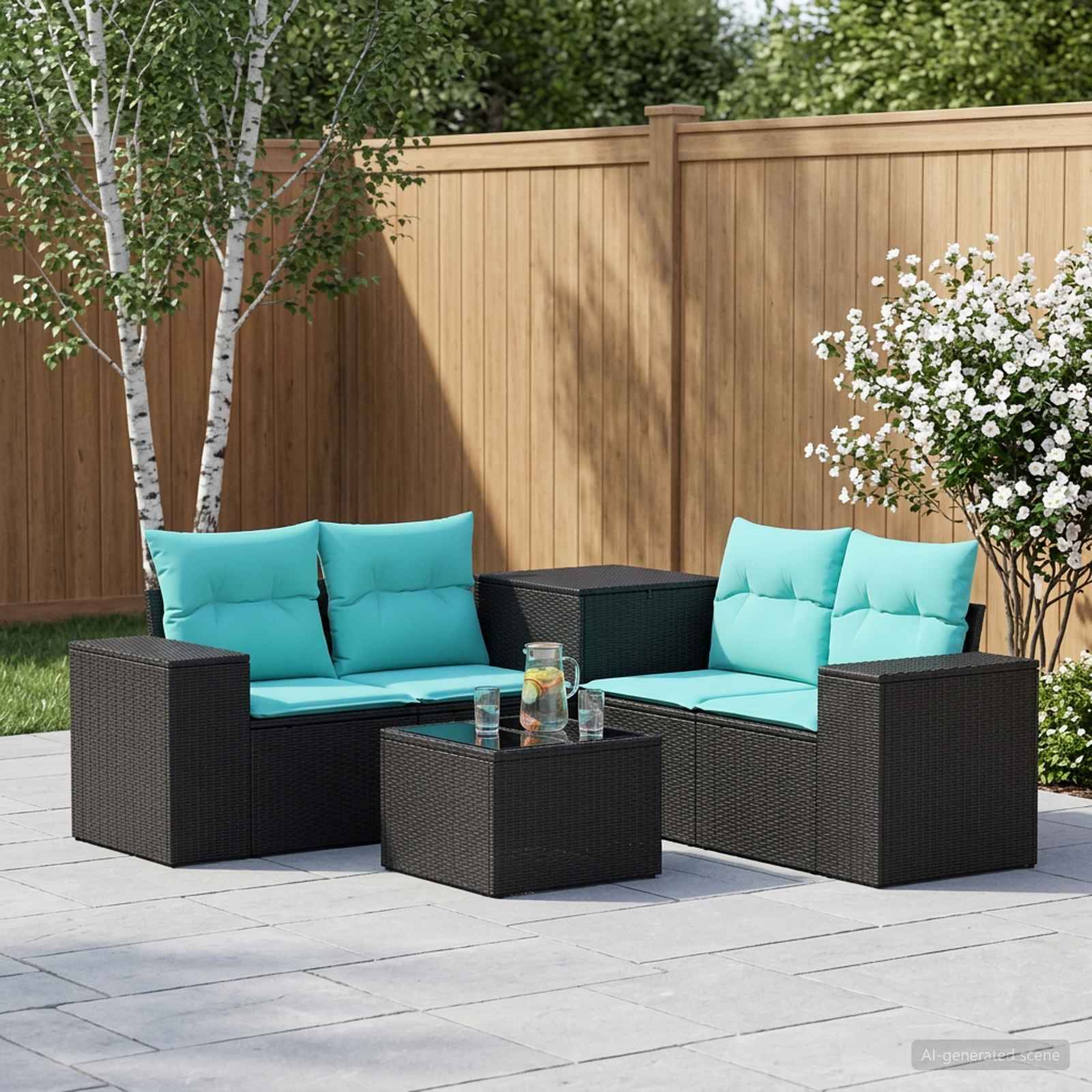 Gartensitzgruppe im Freien mit zwei schwarzen Polyrattan-Zweisitzern, türkisfarbenen Kissen und einem Glastisch auf einer Steinterrasse neben einem Holzzaun und blühenden Sträuchern.