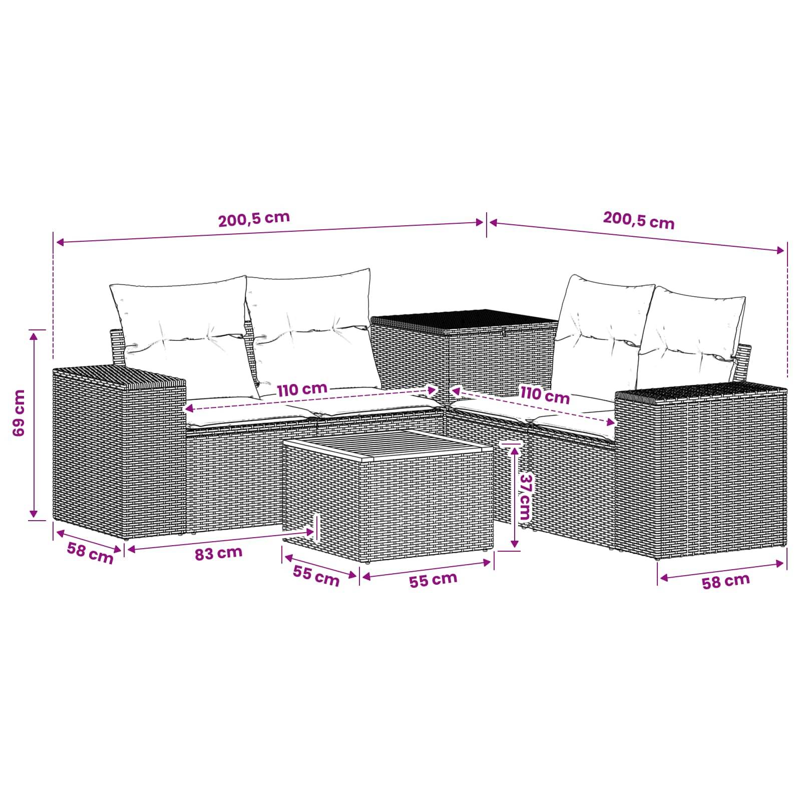 Diagramm eines L-förmigen Rattanmöbel-Loungesets für die Terrasse mit zwei Bänken, Eckentisch und Sitzmöbel, beschriftet mit den Abmessungen: 200,5 cm breit, 69 cm hoch, 110 cm Sitzfläche, 58 cm Tiefe, 55 cm Sitzmöbel.