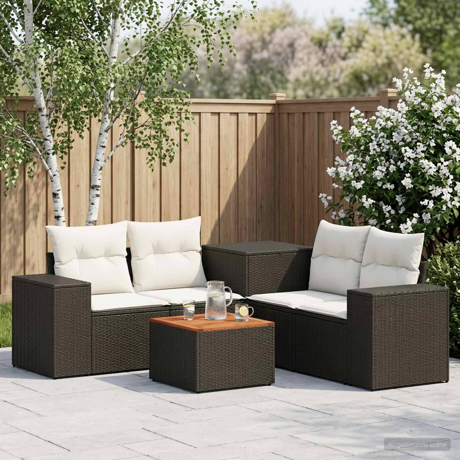 Zwei dunkle Korb-Außensofas mit weißen Kissen sind einer niedrigen Couchtisch in einem eingezäunten Gartenhof zugewandt.