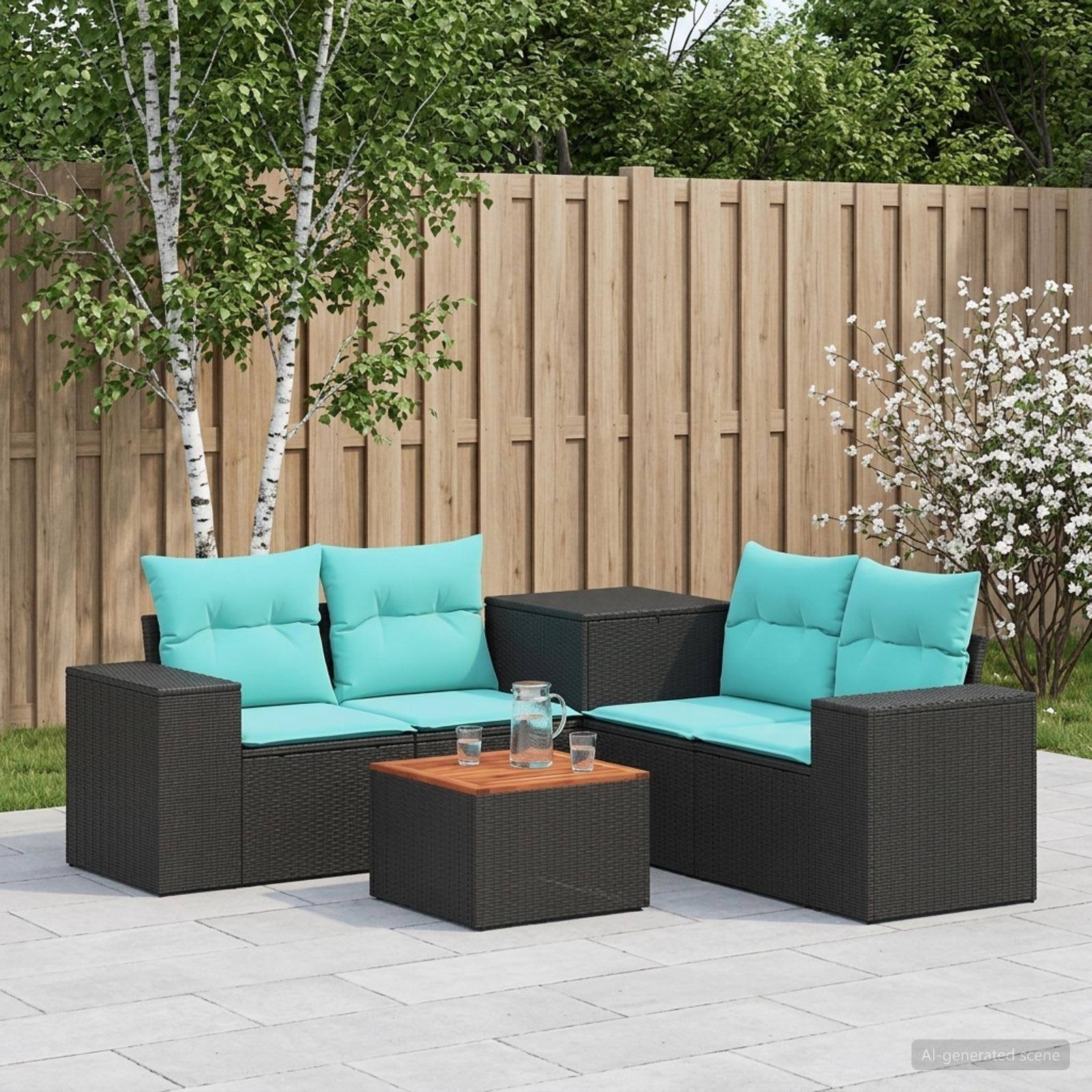 Outdoor-Terrassensitzgruppe mit zwei schwarzen Rattansofas, türkisfarbenen Kissen und einem kleinen Couchtisch auf einer gefliesten Terrasse neben einem Holzzaun.