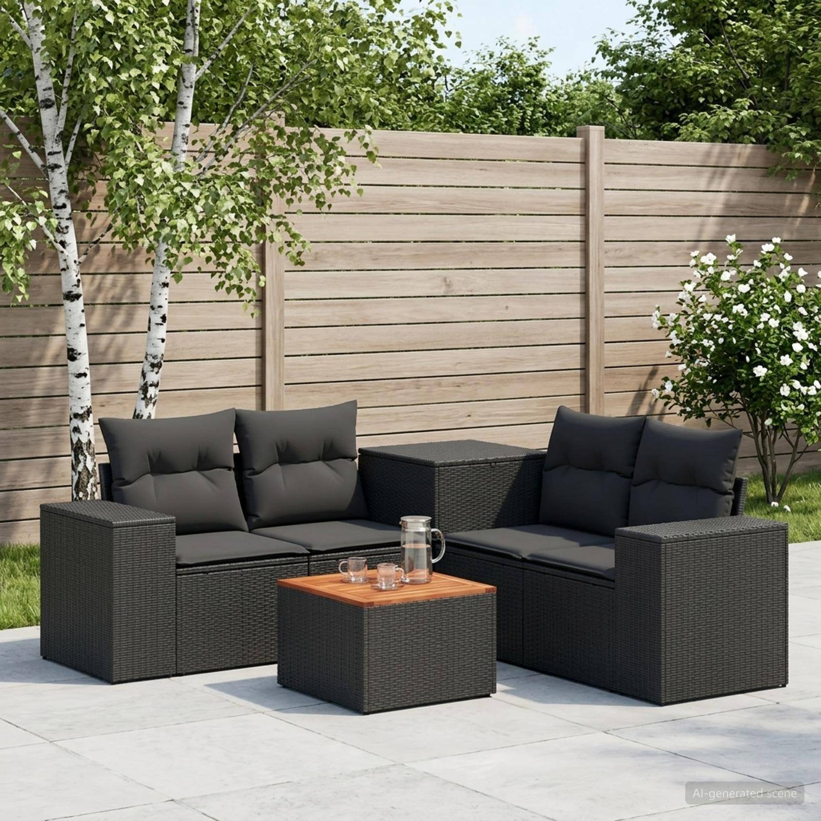 Outdoor-Terrassenmöbel-Set mit schwarzen Rattansofa, Couchtisch und Kissen neben einem Holzzaun und Bäumen.