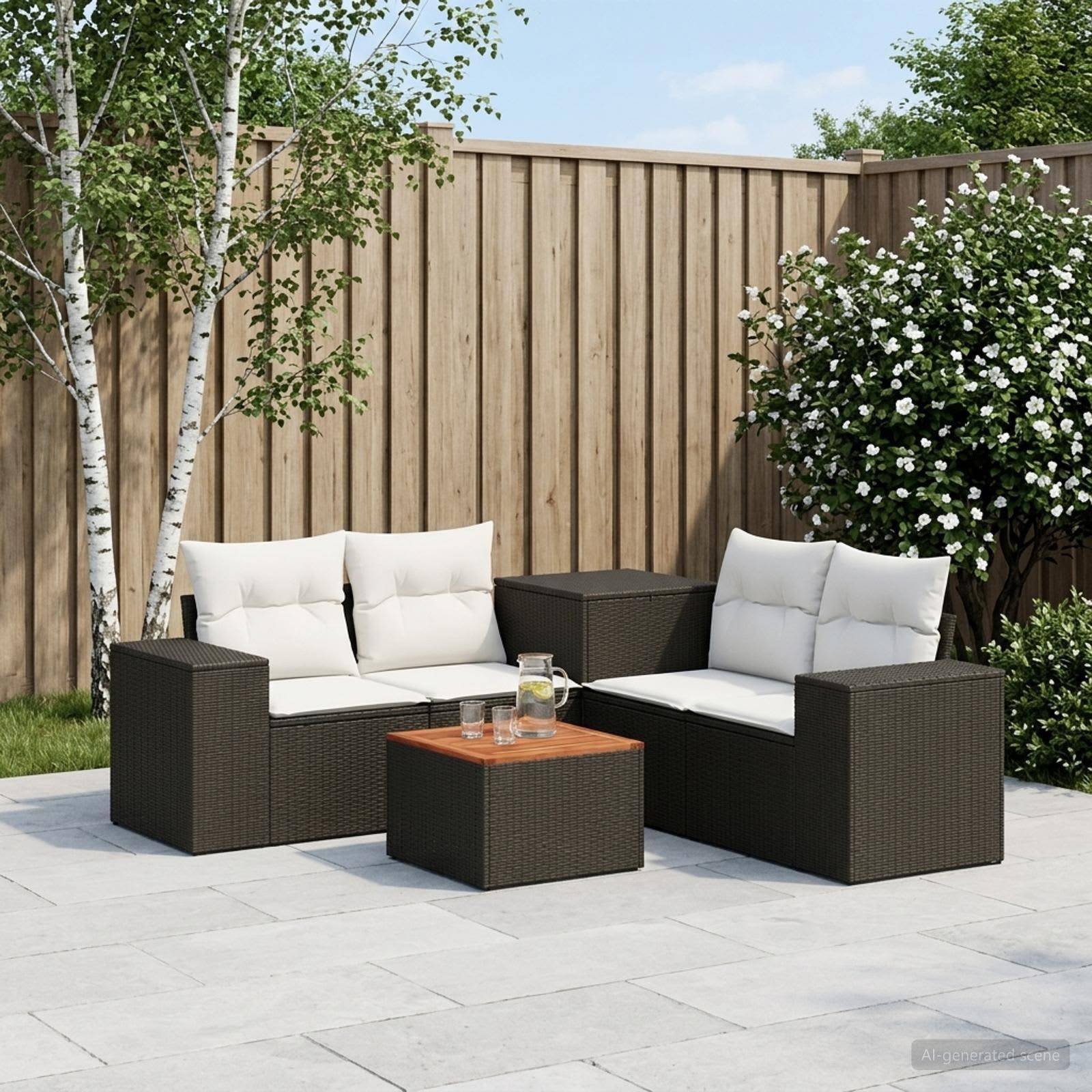 Außenbereich für die Terrasse mit dunkelm Korbloveseat und Stühlen, weißen Kissen und einem kleinen Tisch auf einer Steinterrasse neben einem Holzzaun und blühenden Sträuchern.