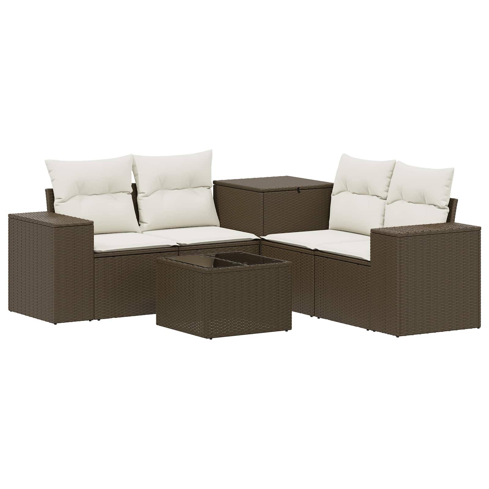Braunes Gartenmöbel-Sofa-Set aus Rattan mit weißen Kissen und passendem quadratischem Couchtisch mit integriertem Eiseimer.