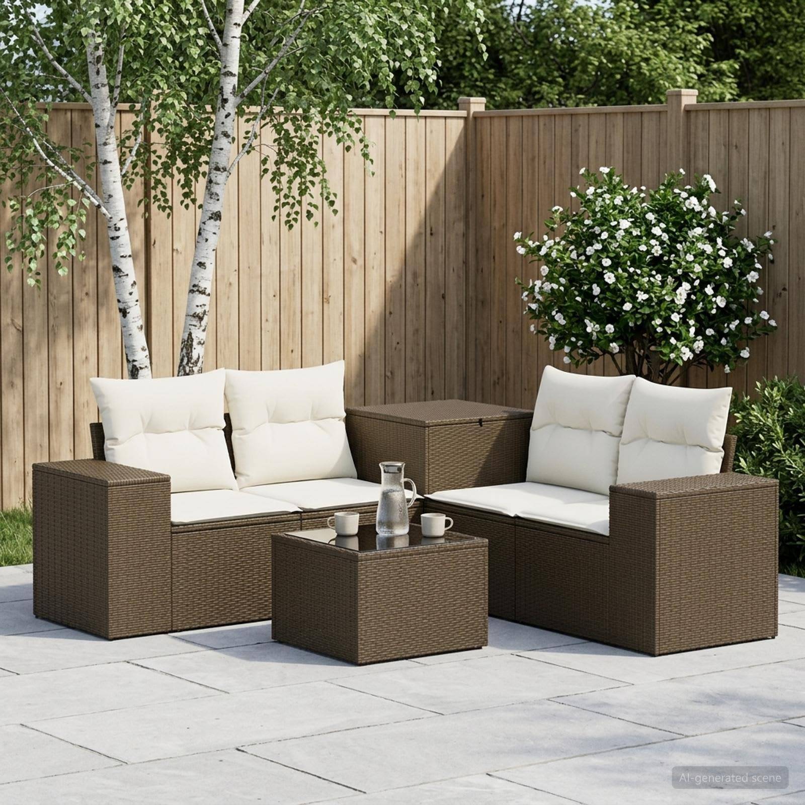 Gartenmöbel-Sitzgruppe mit zwei braunen Korbmöbel-Liebesitzen, cremefarbenen Kissen, einem passenden Couchtisch mit Tassen und Kanne sowie Holzzaun im Hintergrund.