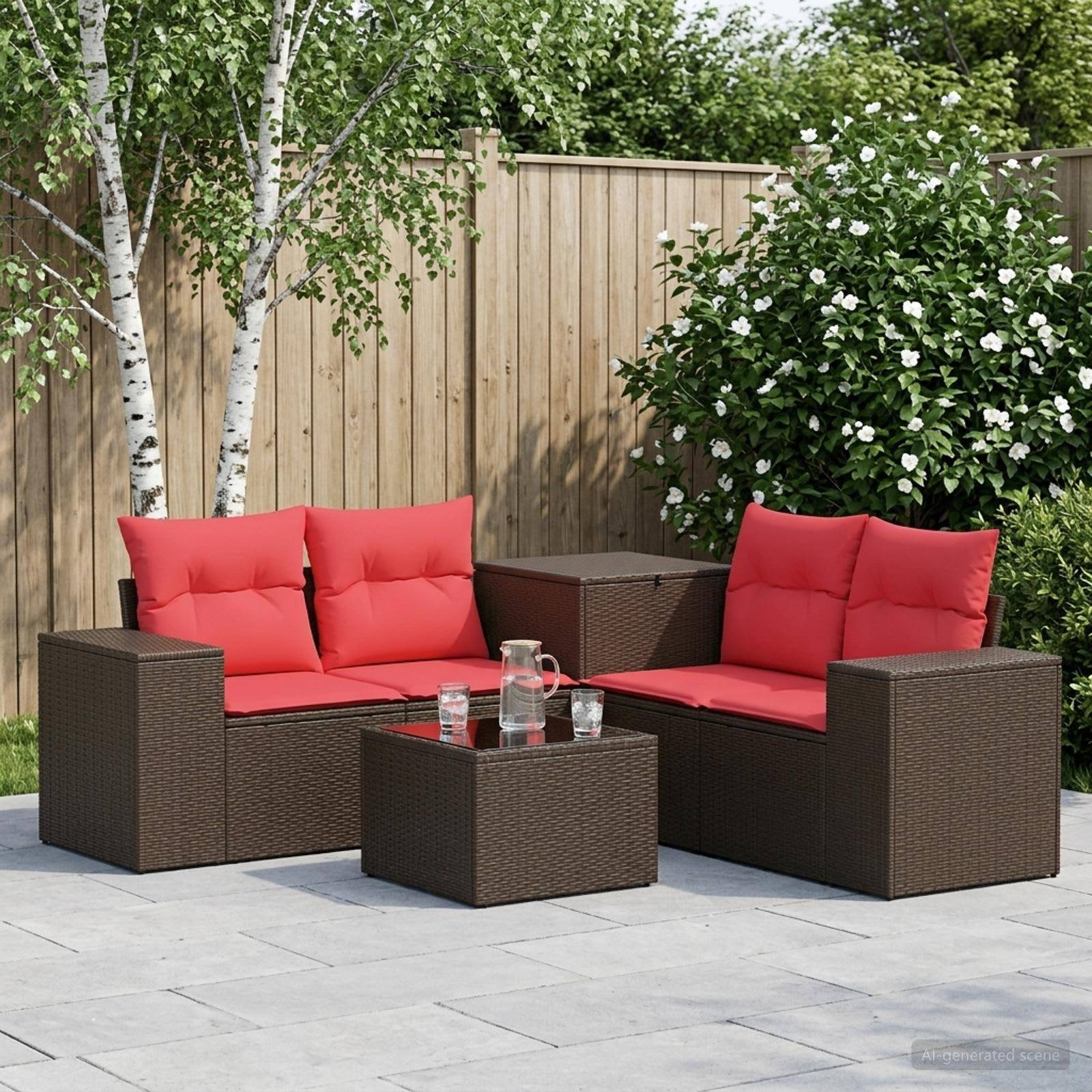 Sitzmöbelset für die Außenterrasse mit braunen Rattansofa und roten Kissen, zentriert um einen kleinen Tisch mit Glasplatte in einem Garten mit Holzzaun und blühenden Sträuchern.