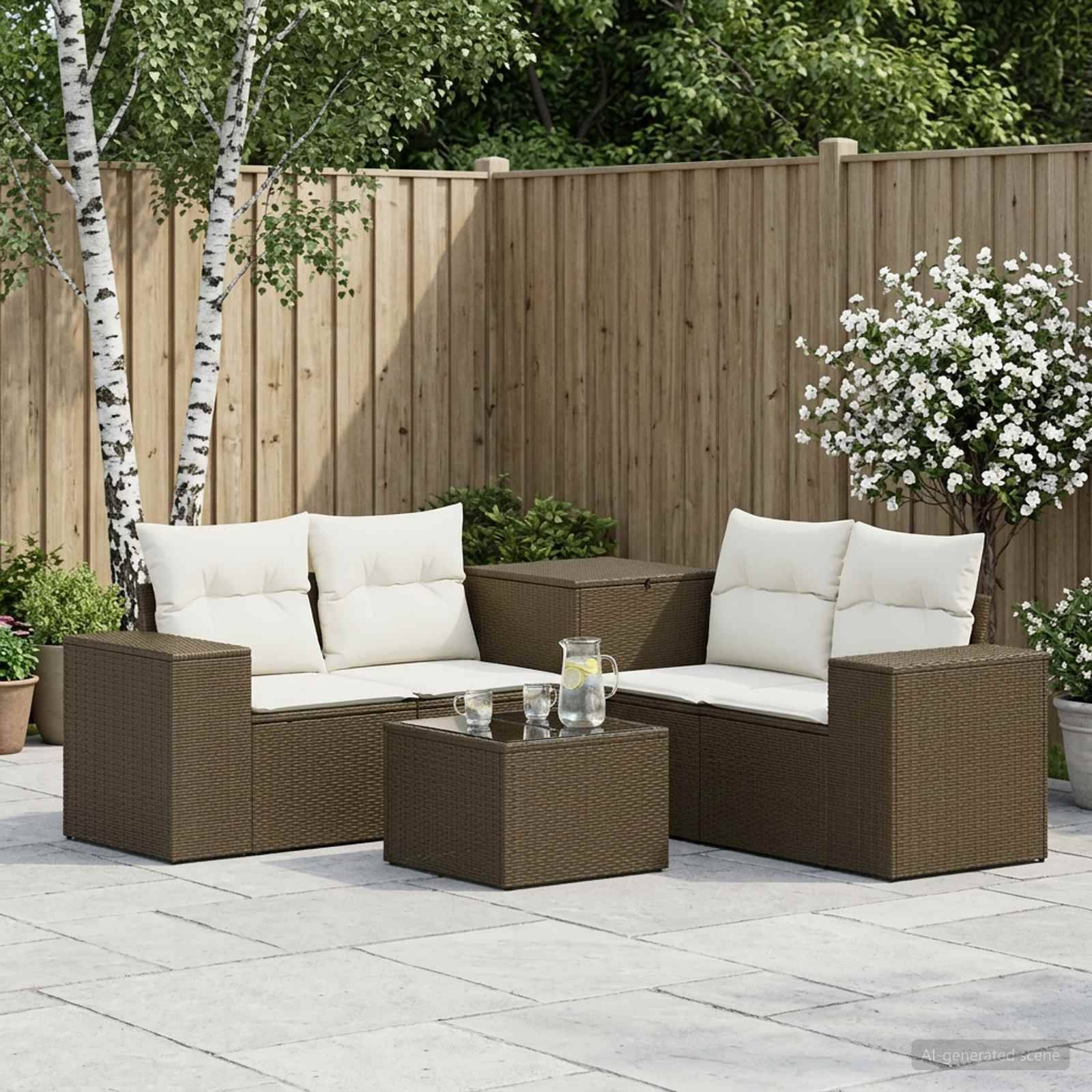 Outdoor-Terrassensitzgruppe mit zwei Korbsofas, einem passenden Tisch und cremefarbenen Kissen vor einem Holzzaun und Gartenpflanzen.