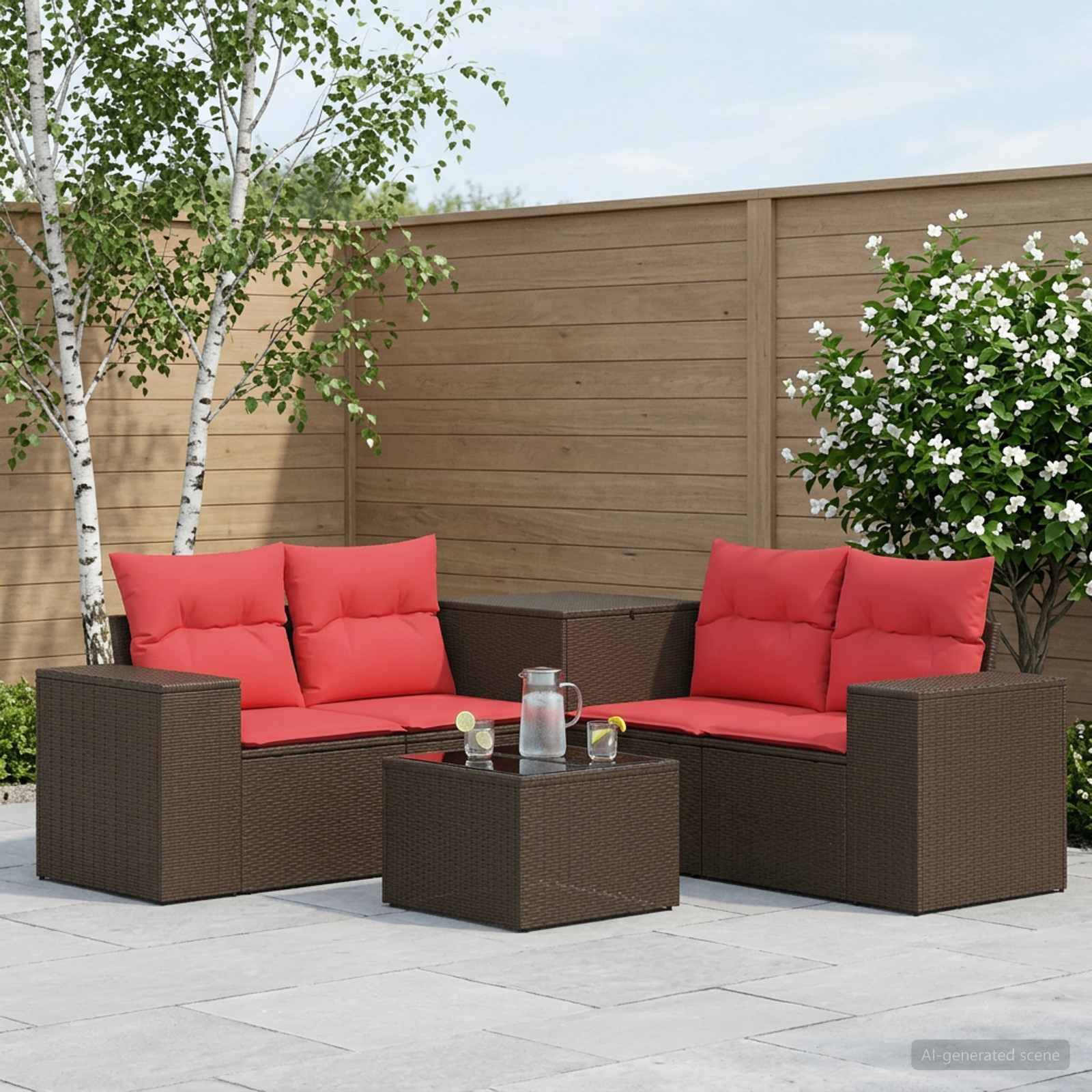Gartenmöbel-Set für die Terrasse mit zwei braunen Korbmöbeln, roten Kissen und einem passenden Couchtisch auf einer gefliesten Terrasse neben einem Holzzaun und Bäumen.