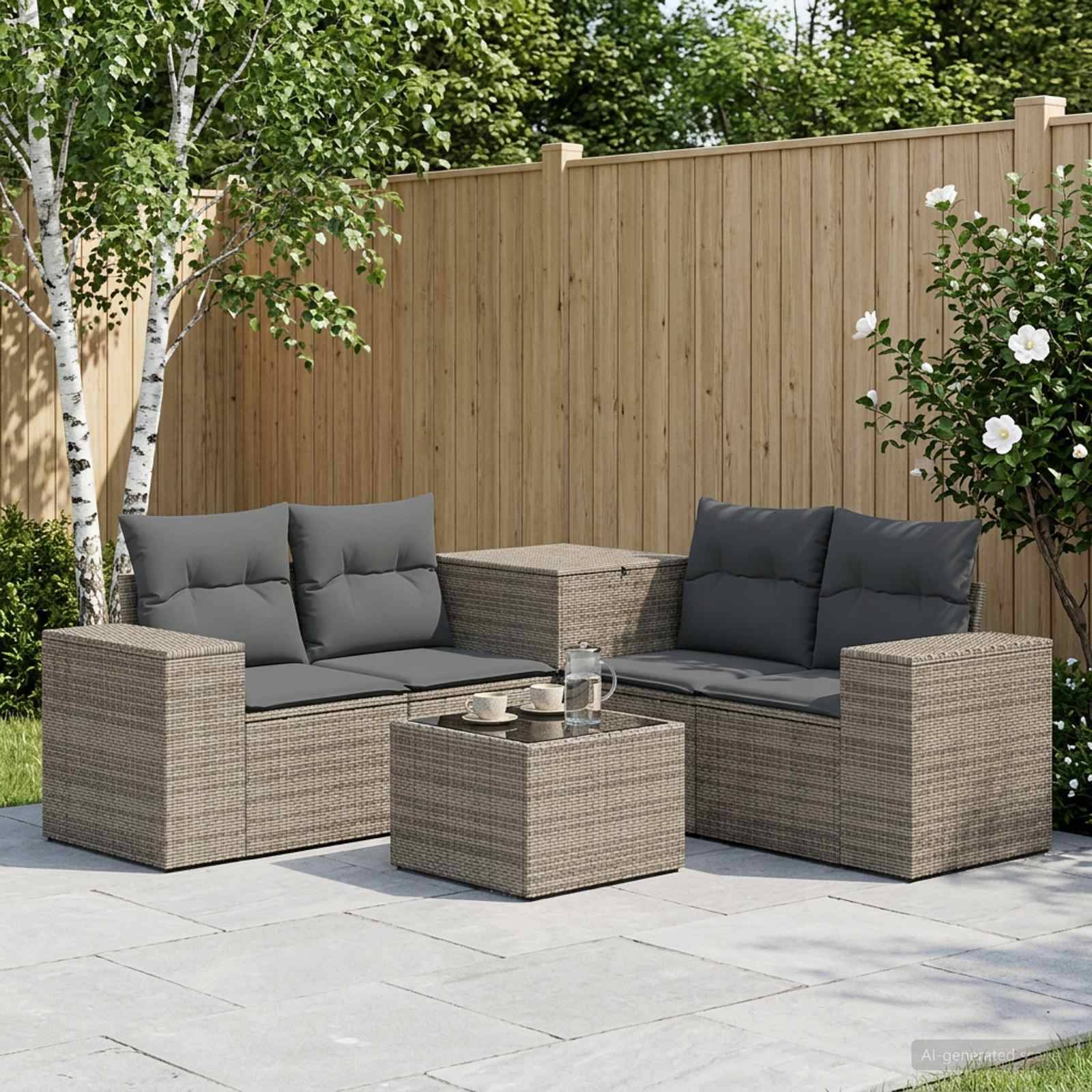 Gartenbereich mit Sitzmöbeln aus Rattan mit zwei Rattansofas, grauen Kissen und einem passenden Couchtisch auf einer Steinterrasse neben einem Holzzaun und grünem Laub.